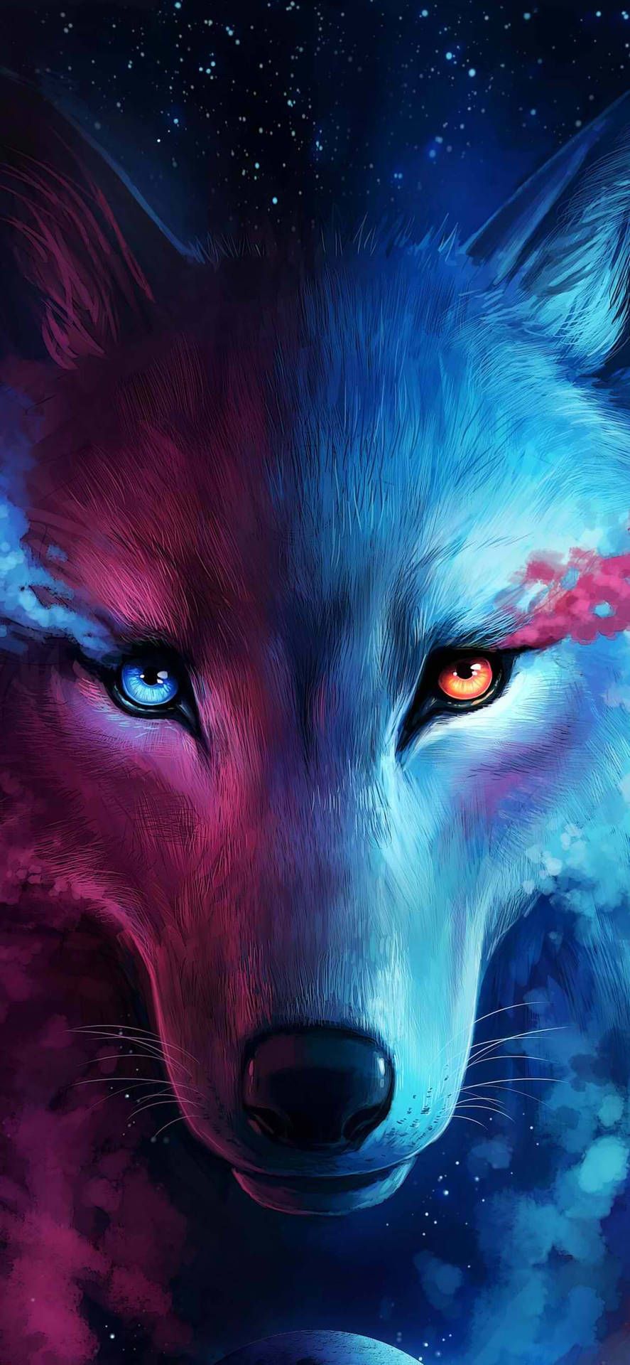 Wolf, Digitale Kunst, Blau, Lila, Leuchtende Augen, HD, Handy-Hintergrund im Hochformat