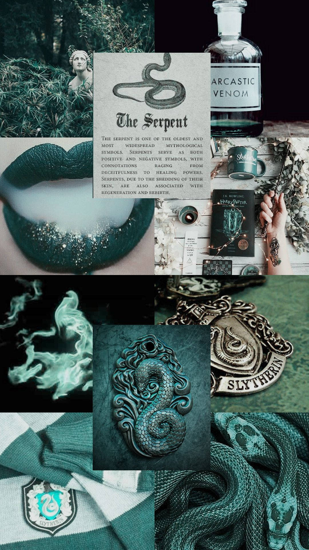 Slytherin, Harry Potter, Collage, Schlange, Dunkelgrün, Full HD, Handy-Hintergrund im Hochformat