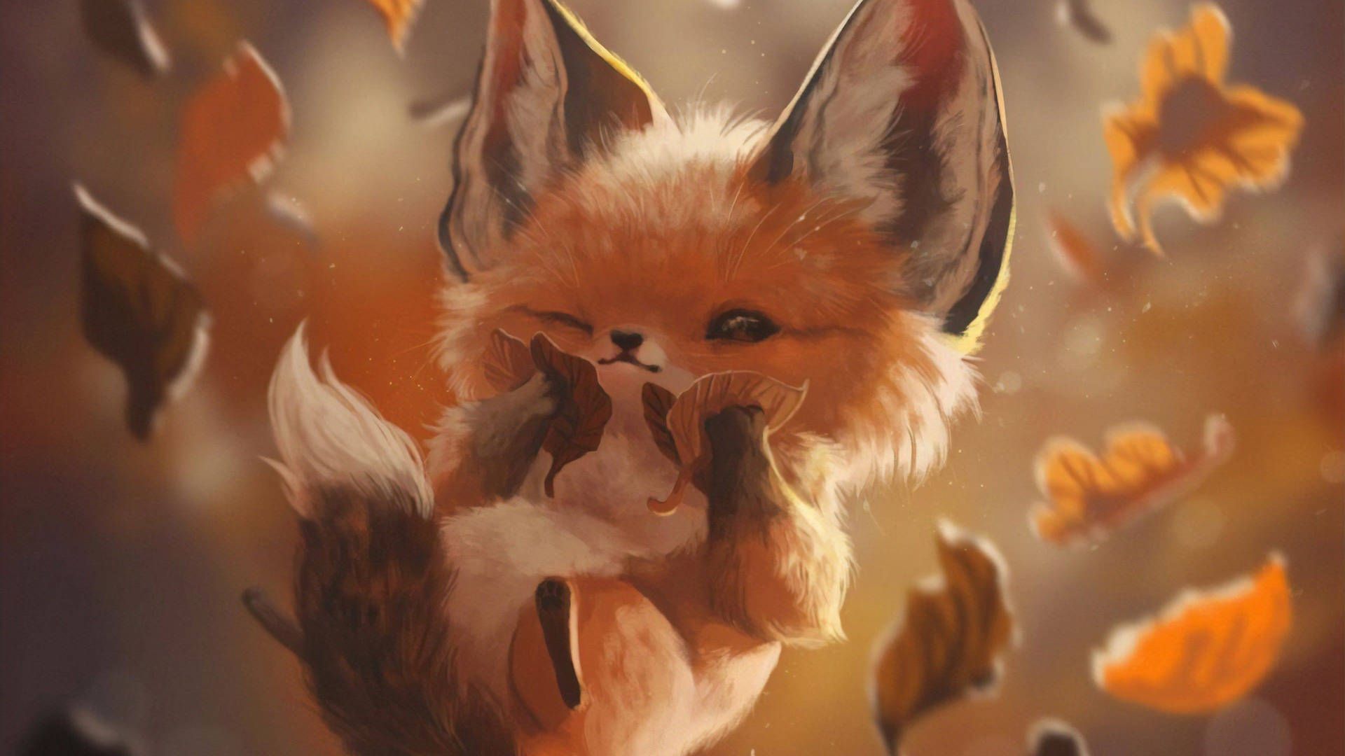 Fuchs, Fuchswelpe, Herbstlaub, Digitale Kunst, Orange, Full HD 1080p, Desktop-Hintergrundbild