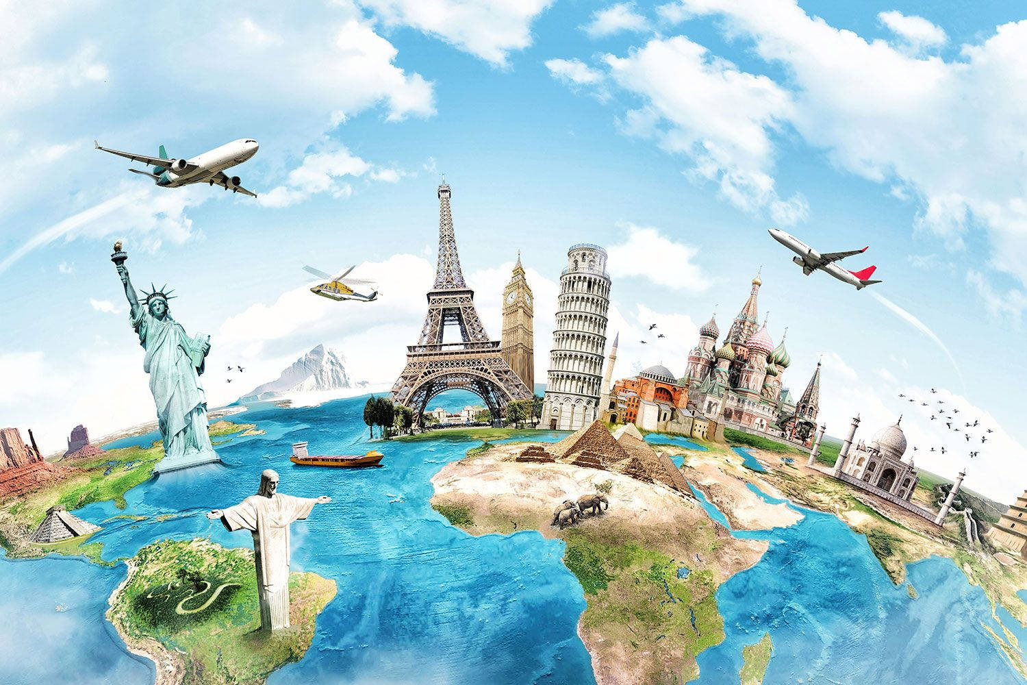 Weltreise, Freiheitsstatue, Eiffelturm, Schiefer Turm von Pisa, Cristo Redentor, Flugzeuge, HD-PC-Hintergrundbild