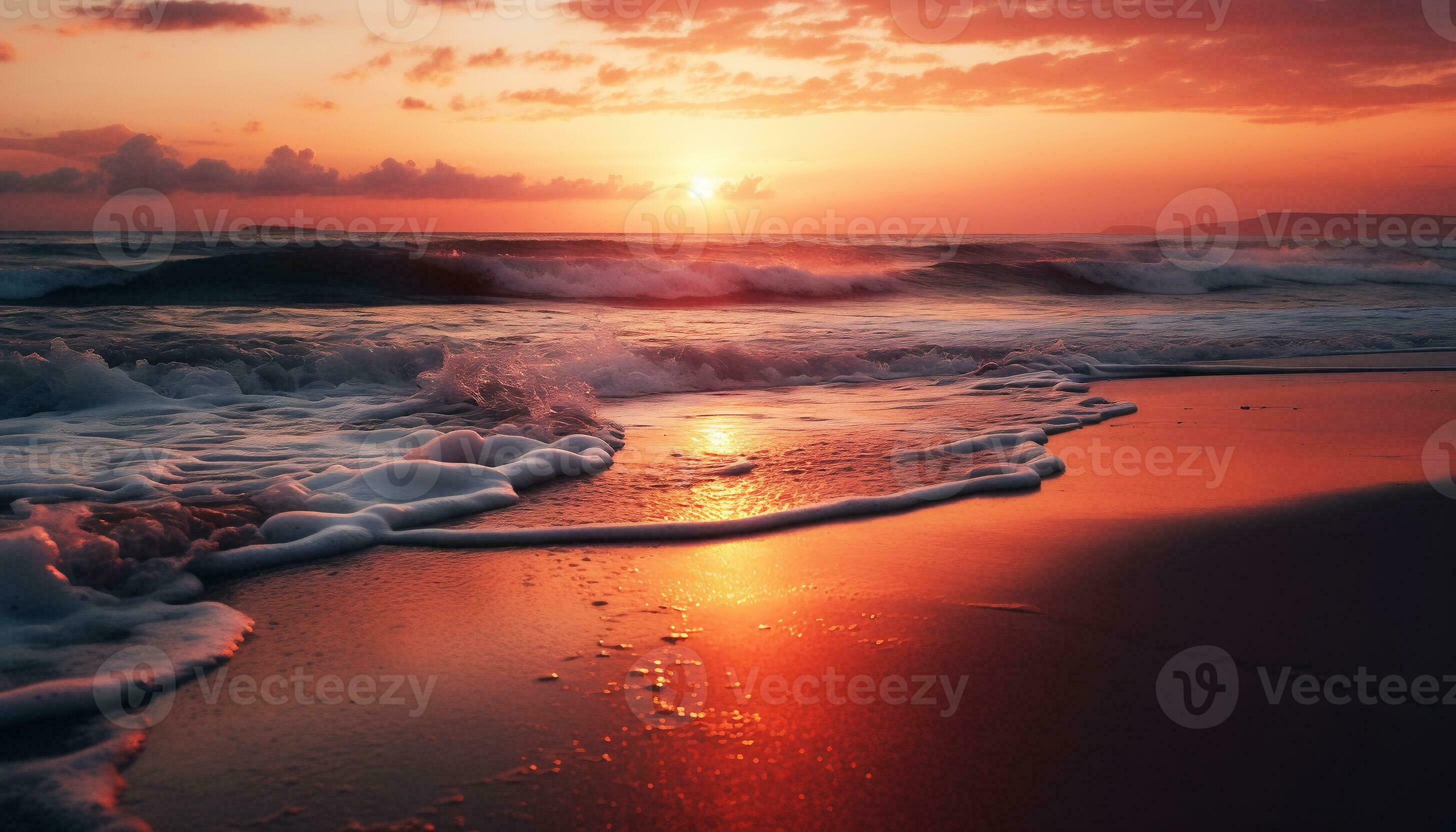 Sonnenuntergang, Strand, Wellen, Roter Himmel, 2K, Hintergrundbild für den PC
