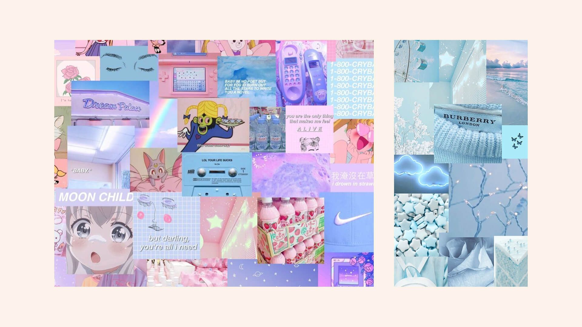Collage, Pastell, Moodboard, Rosa, Blau, Anime, 16:9, Full-HD-Hintergrundbild für den Desktop