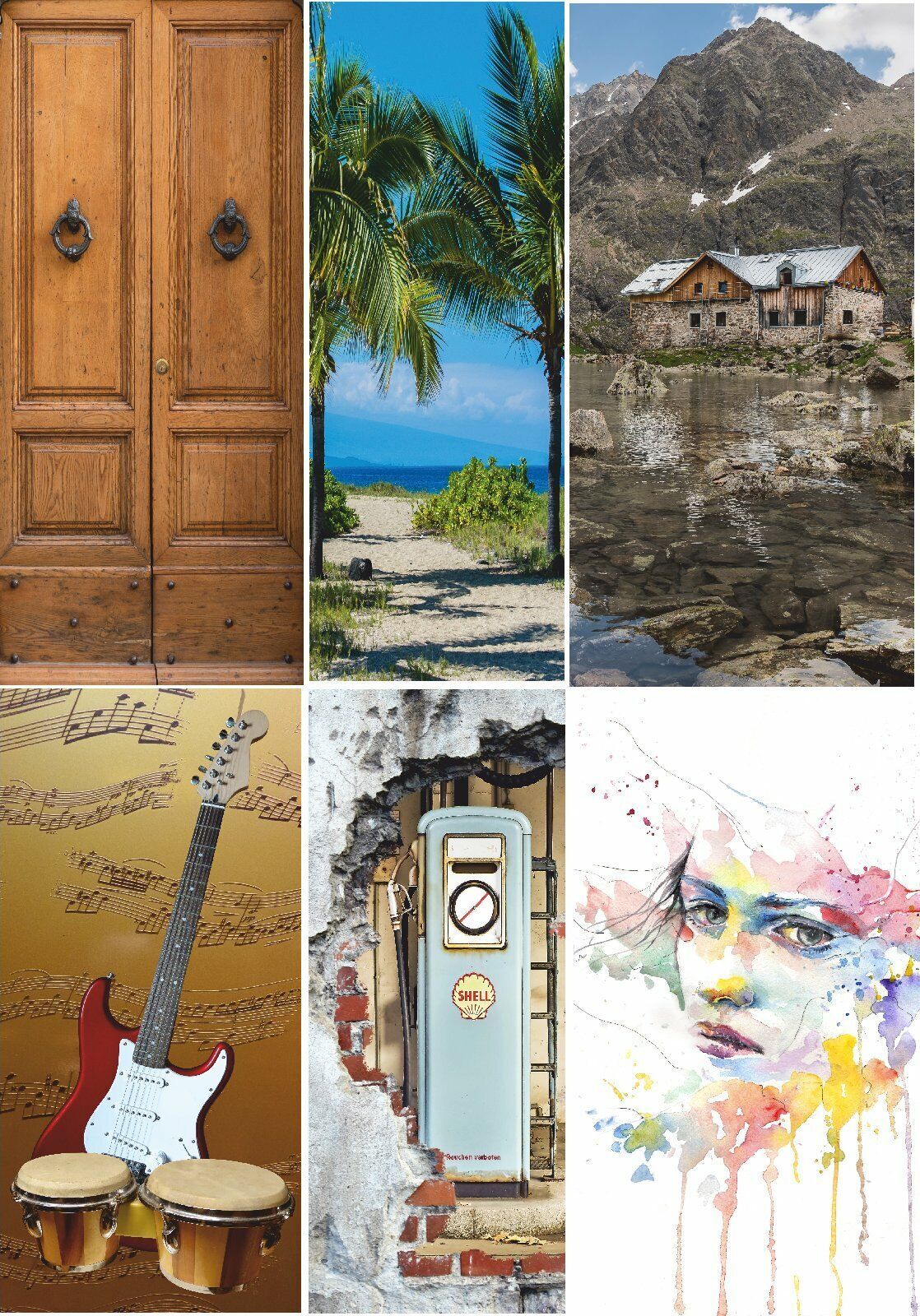 Collage, Holztür, Palme, Gitarre, Aquarell, Full HD, Hintergrundbild fürs Tablet
