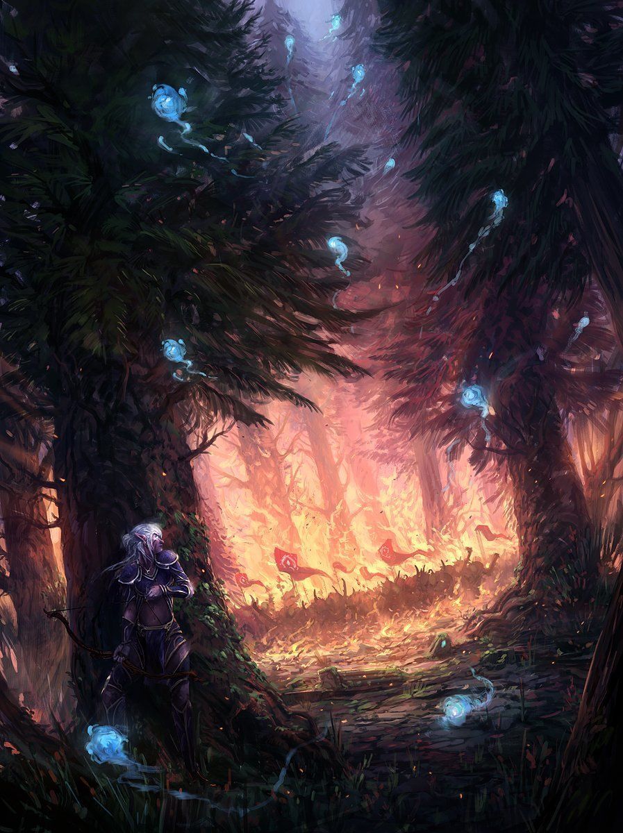 Nachtelfe, Brennender Wald, Fantasy, Glühende Lichter, Dunkel, HD, Tablet-Hintergrund