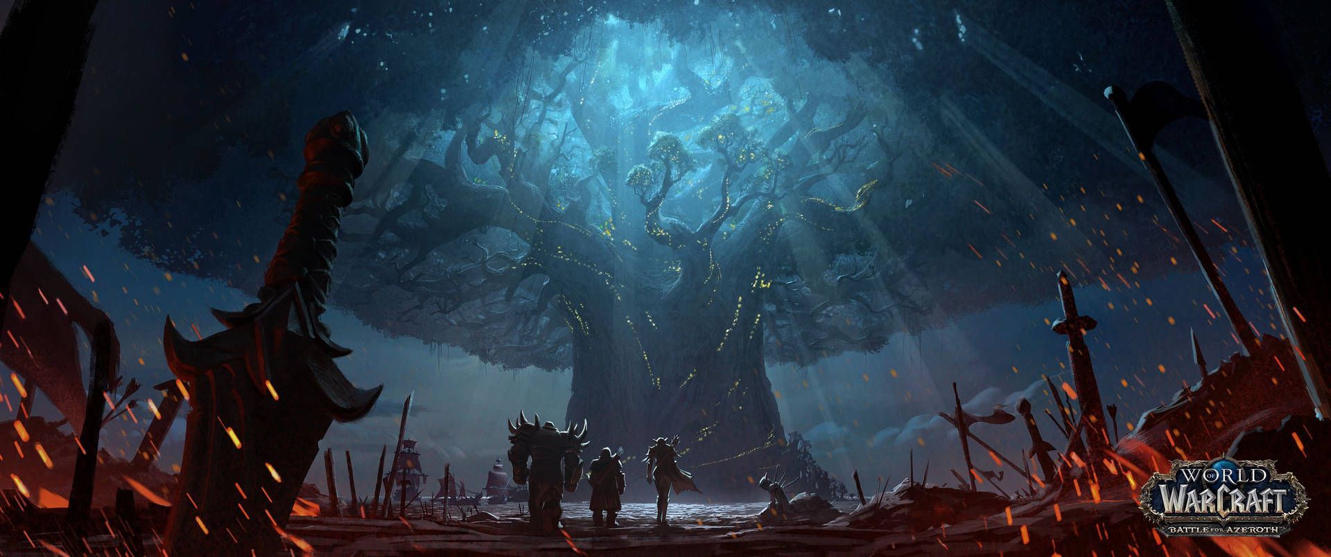 Fantasylandschaft, Riesenbaum, Krieger, Blaues Licht, Konzeptkunst, Full-HD-Hintergrundbild für PC