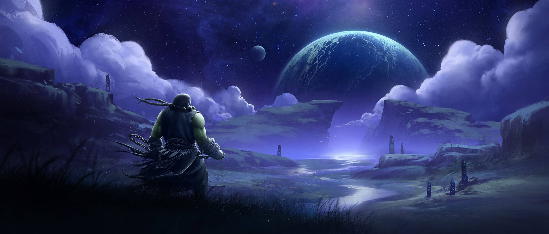 Ork, Planet, Nachthimmel, Ausblick, Lila Töne, 21:9, Full-HD-Hintergrundbild für den Desktop