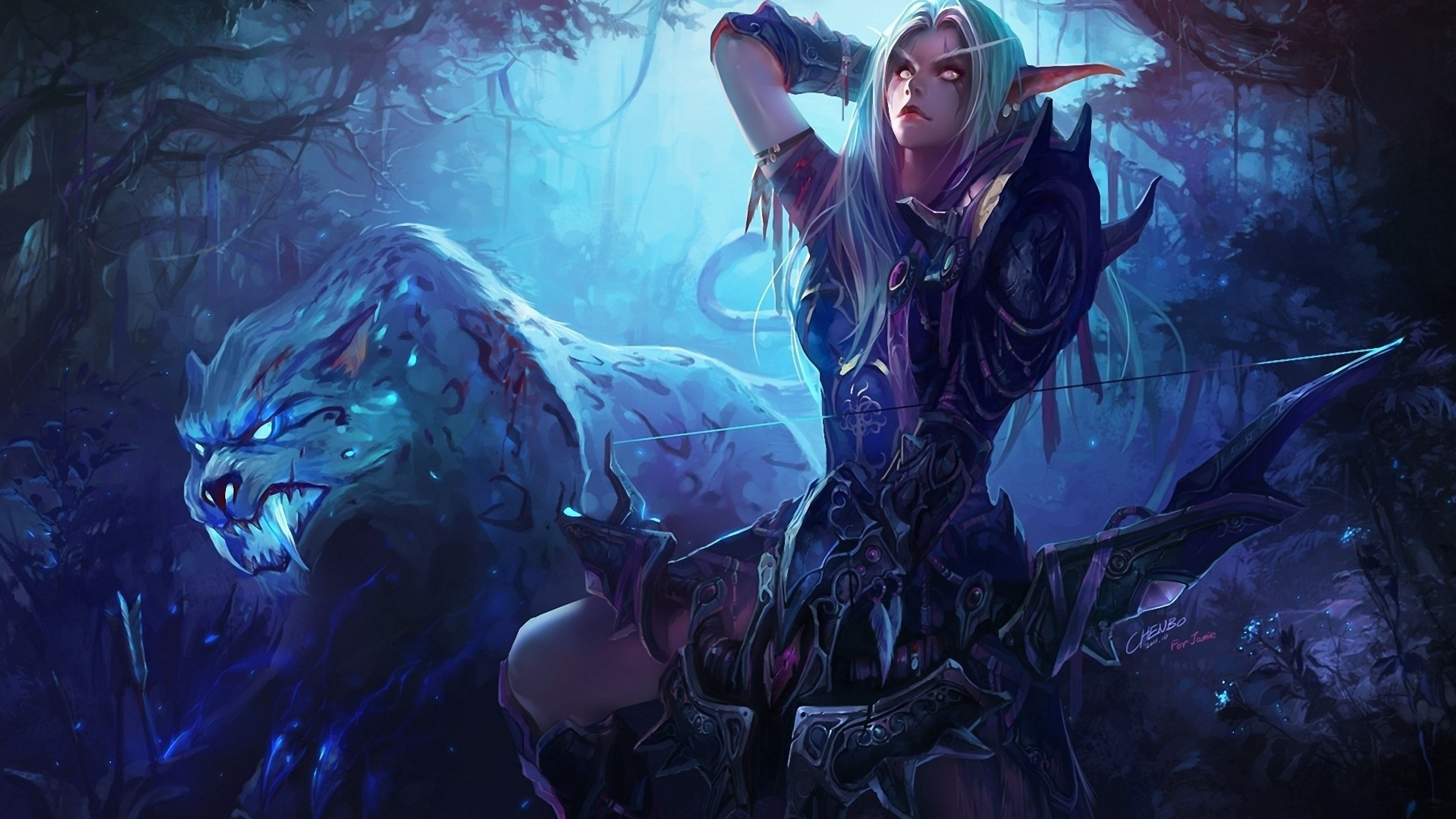 Nachtelfe, Nachtsäbler, World of Warcraft, Fantasy, Blau, 4K, Breitbild-Hintergrundbild