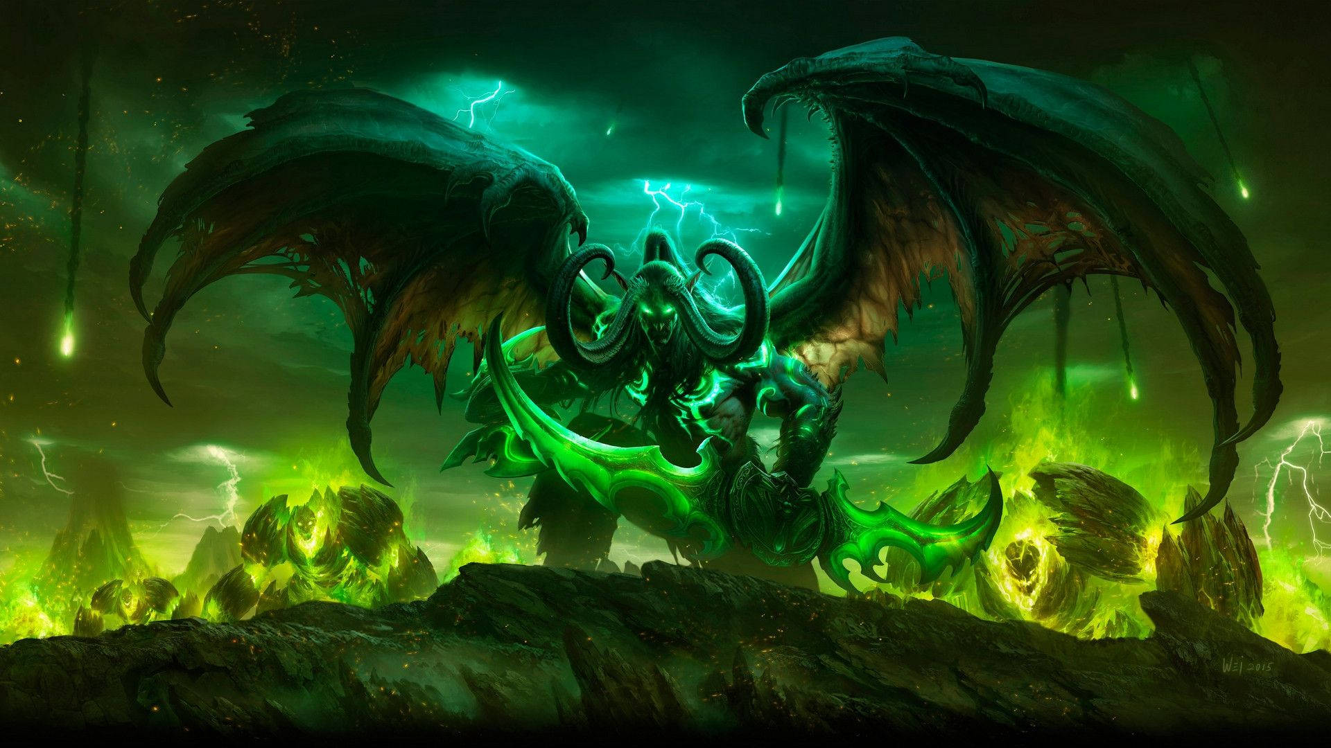Illidan Sturmgrimm, Legion, World of Warcraft, Dämonenjäger, Grünes Feuer, 1920x1080, PC-Hintergrundbild