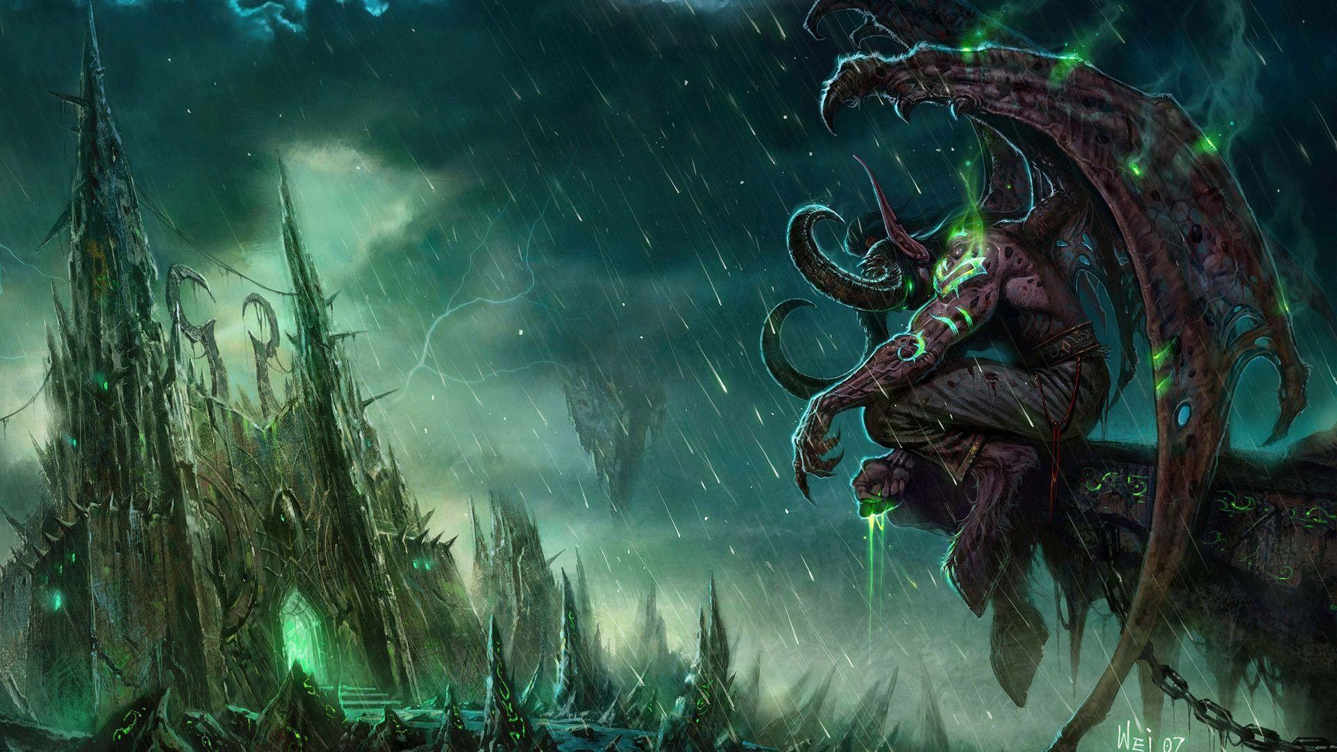 Illidan Sturmgrimm, World of Warcraft, Regen, Gotische Türme, Grün, Full HD, Windows-Hintergrundbild