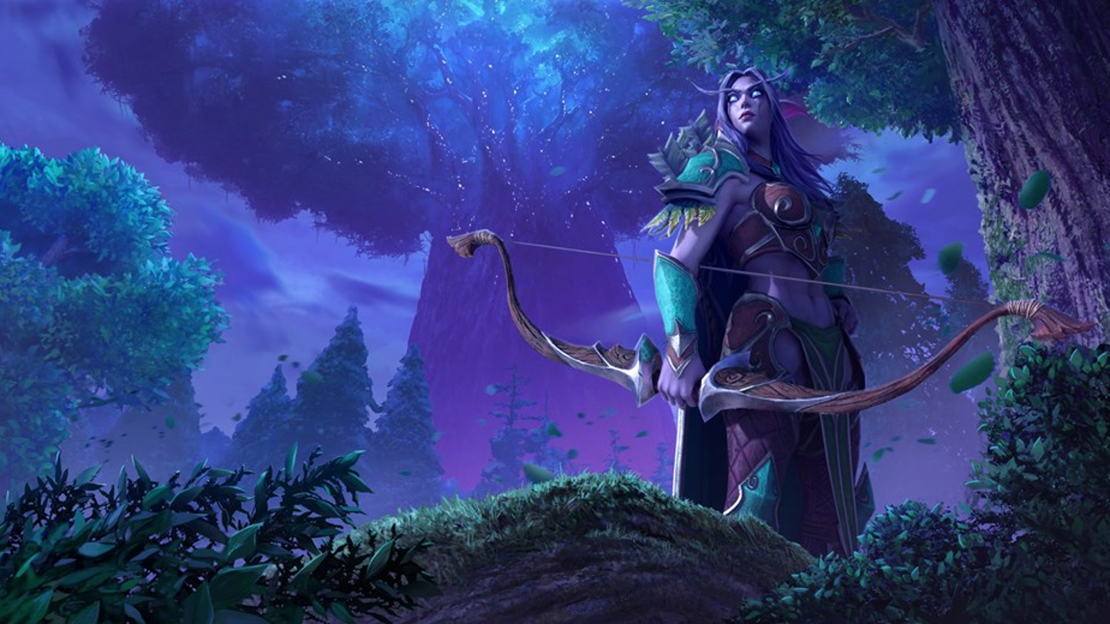 Nachtelfe, Bogenschützin, World of Warcraft, Wald, Lila Töne, HD, PC-Hintergrundbild