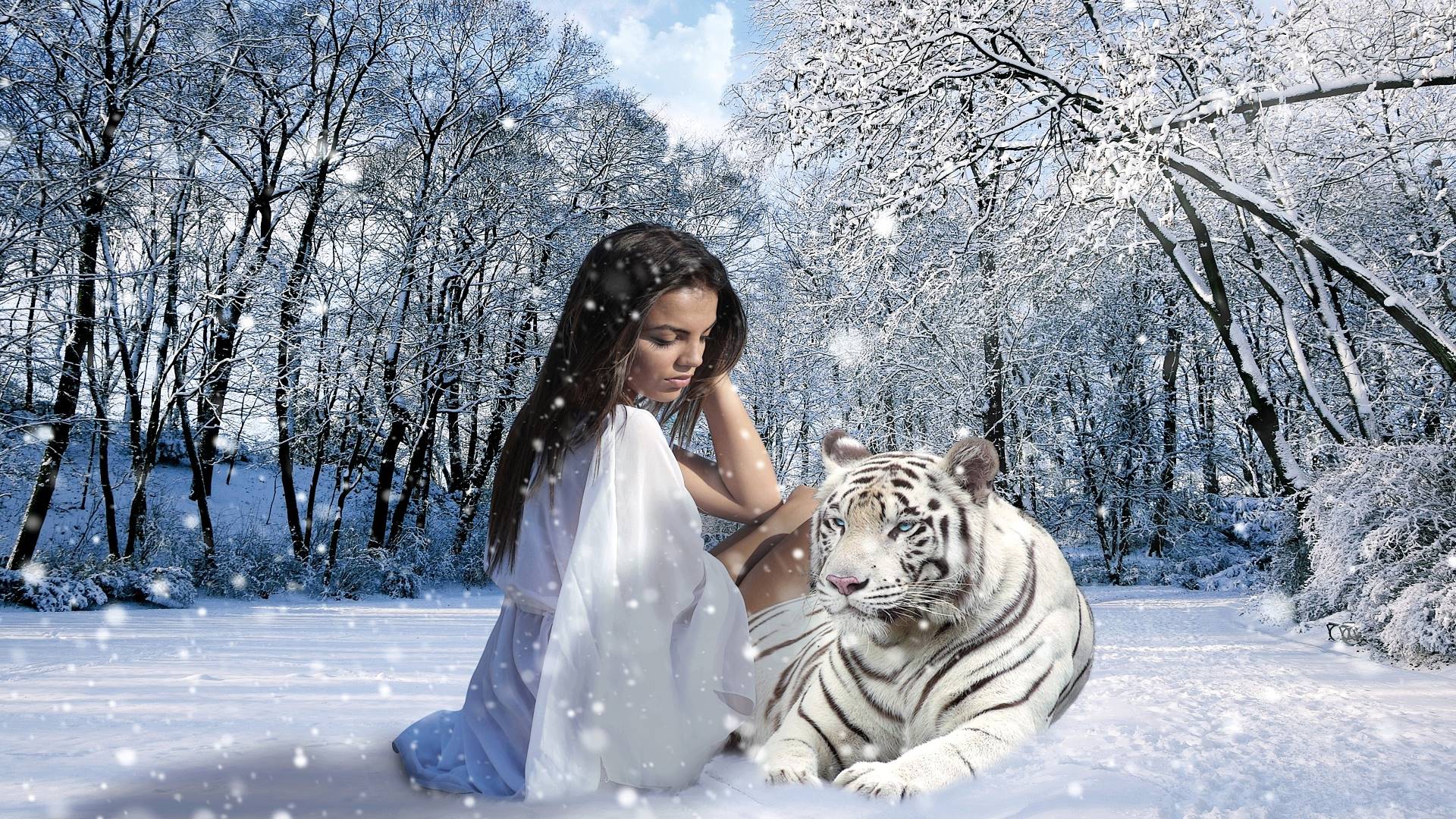 Weißer Tiger, Frau, Winterwald, Weißes Kleid, Fantasy, 1920x1080, Full-HD-Hintergrundbild für PC