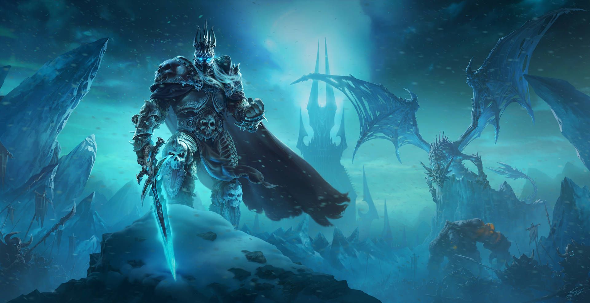 Lichkönig, World of Warcraft, Eiskrone, Drache, Türkis, Full HD, Desktop-Hintergrund für Windows
