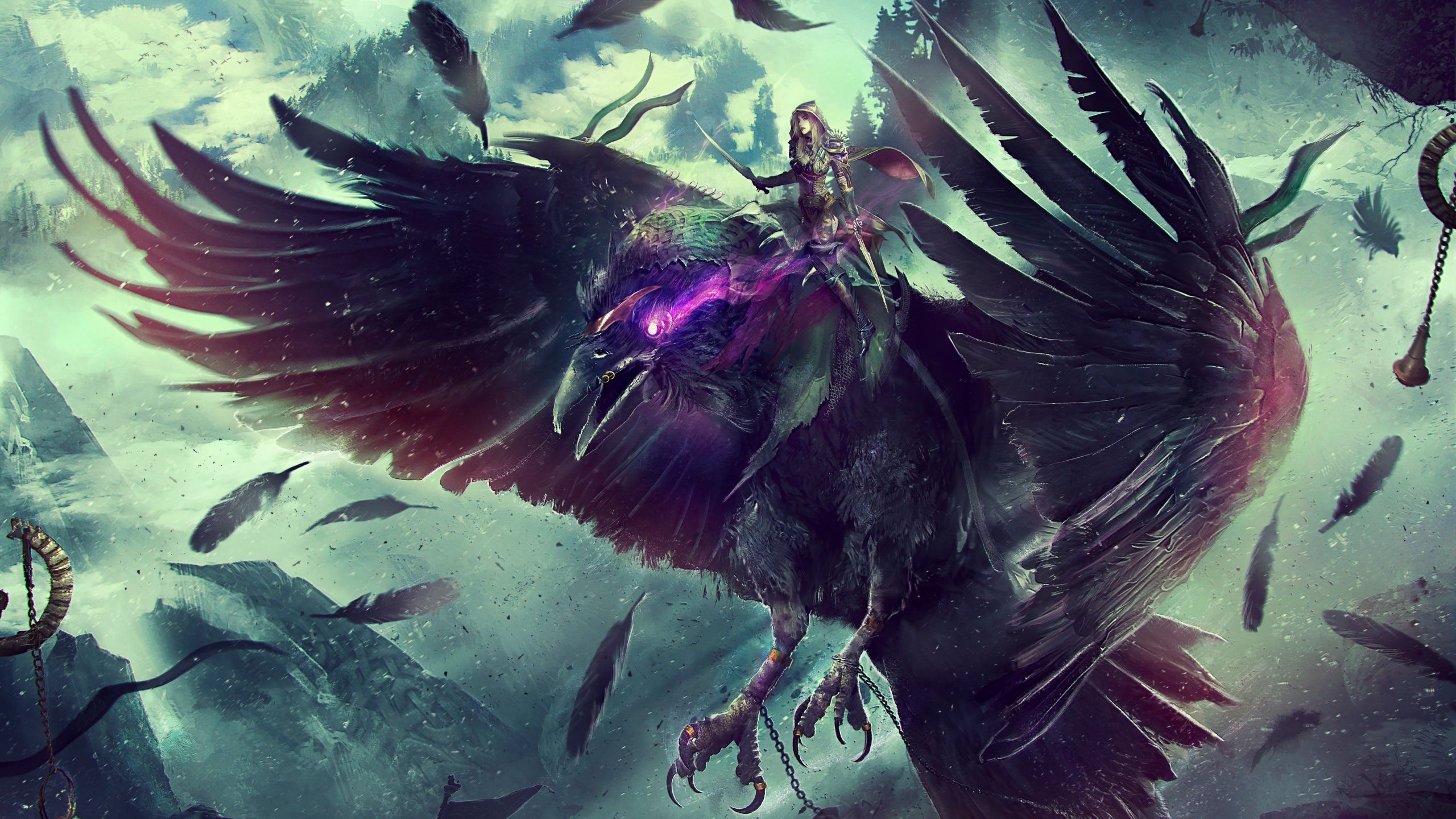 Rabe, Reiterin, World of Warcraft, Federn, Fantasy, 2560x1440, 2K-Hintergrundbild für PC
