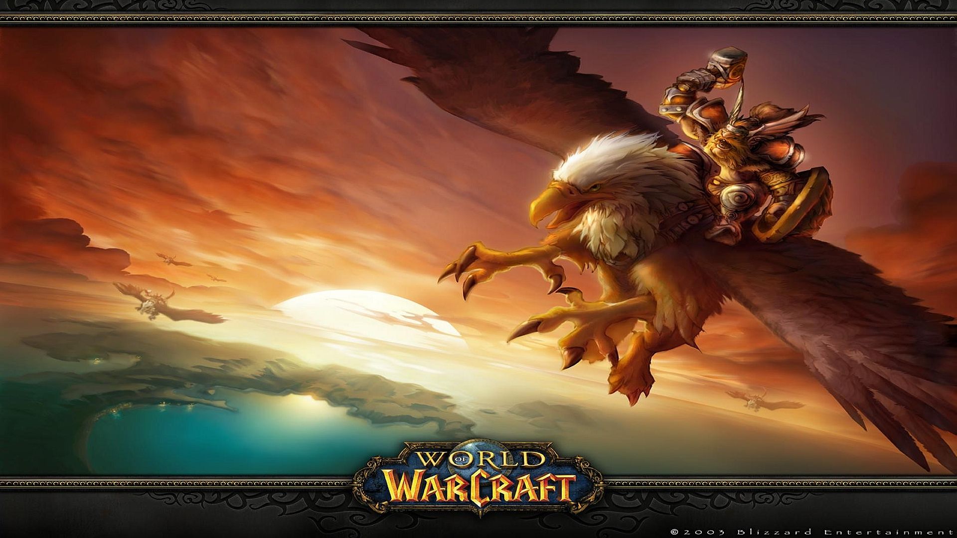 Greif, Reiter, World of Warcraft, Sonnenuntergang, Logo, Full HD, Desktop-Hintergrund