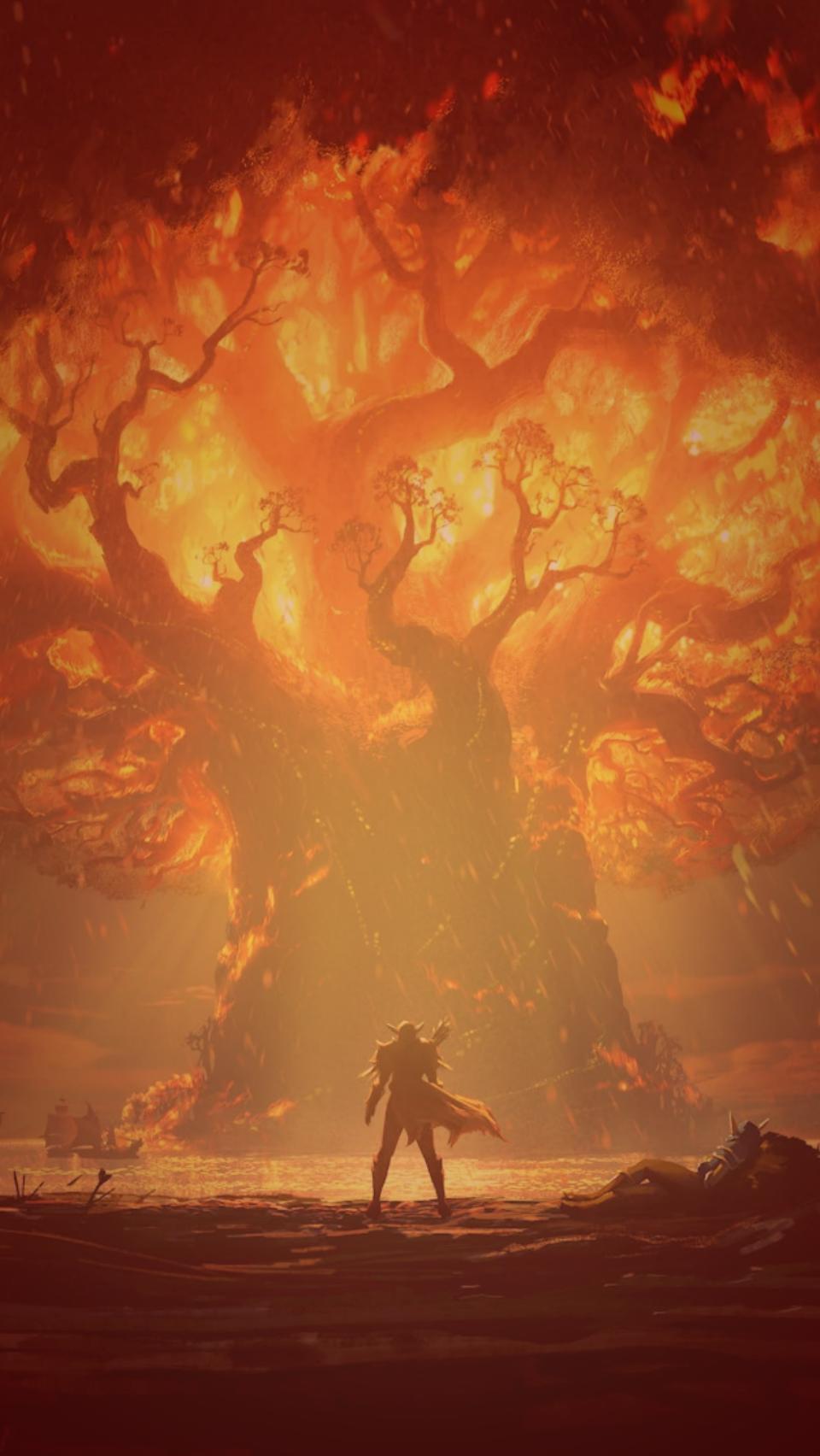 Teldrassil, Brennender Baum, World of Warcraft, Feuer, Orange, HD, iPhone-Hintergrundbild