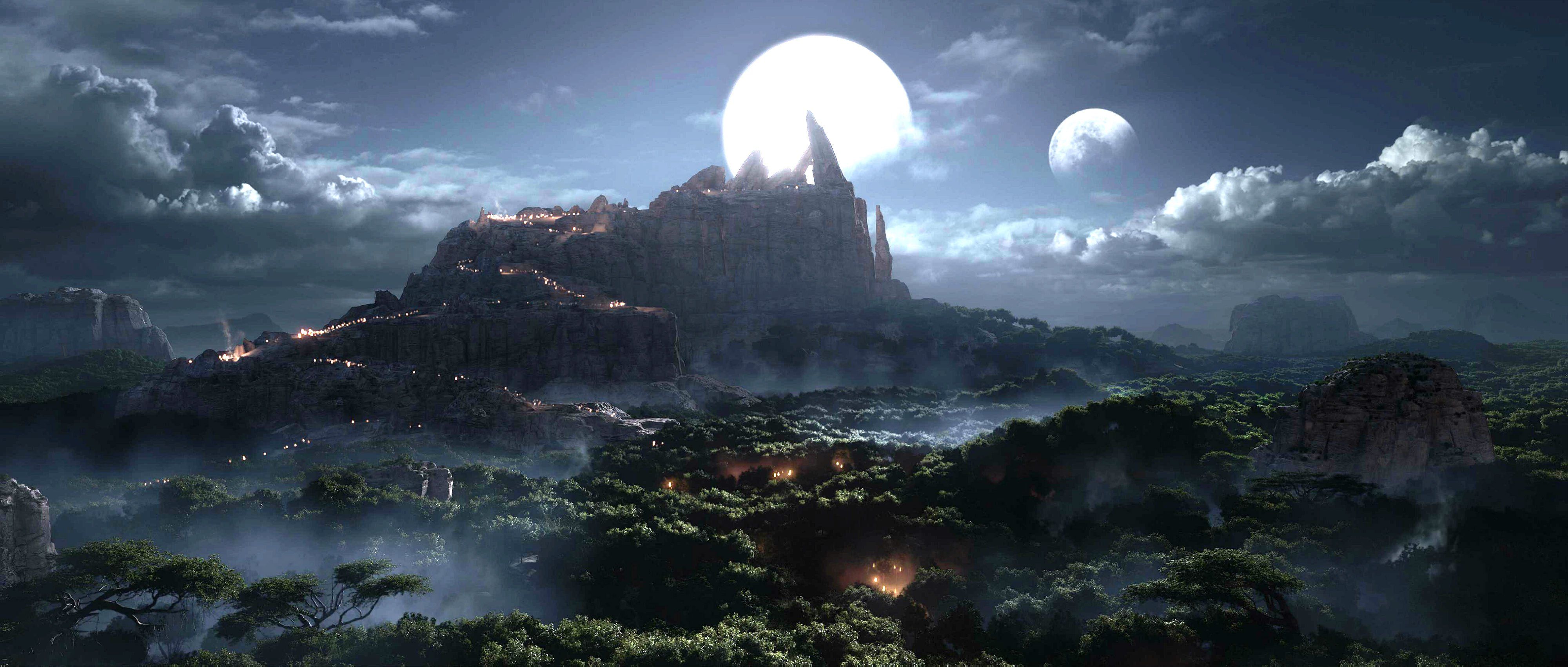 Fantasylandschaft, Zwei Monde, Berge, Nacht, World of Warcraft, 4K, PC-Hintergrundbild