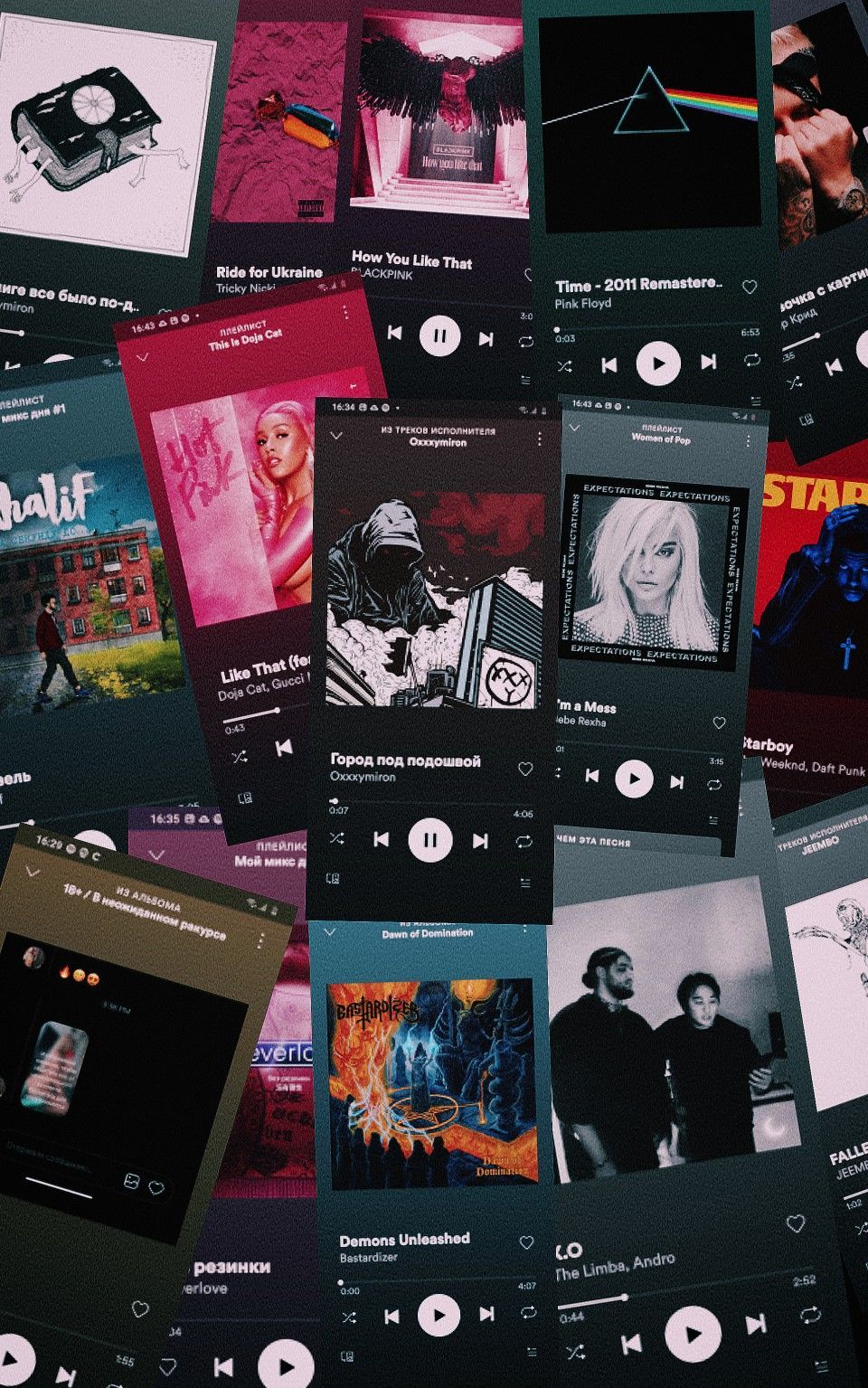 Spotify, Albumcover, Collage, Musikplayer, Dunkel, Hintergrundbild für iPhone und Android