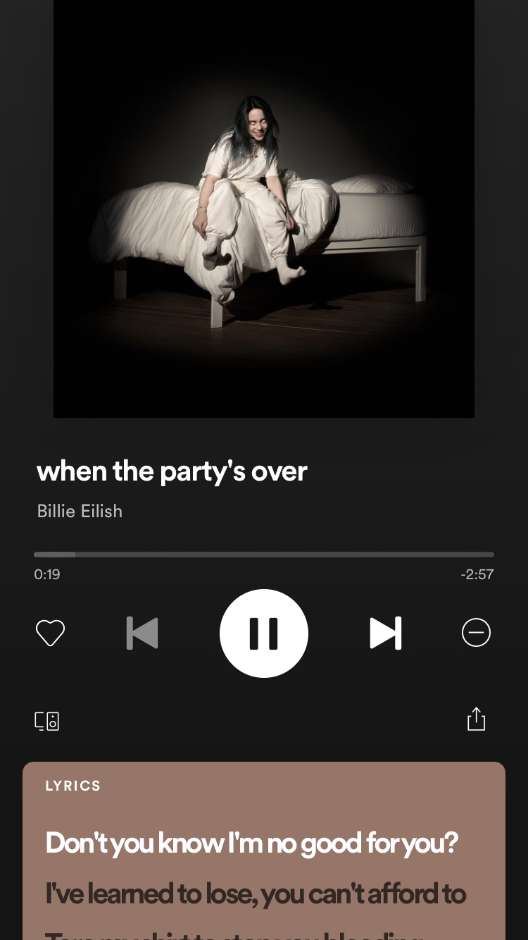 Billie Eilish, When the Party's Over, Spotify, Songtext, Musikplayer, Schwarz, Sperrbildschirm