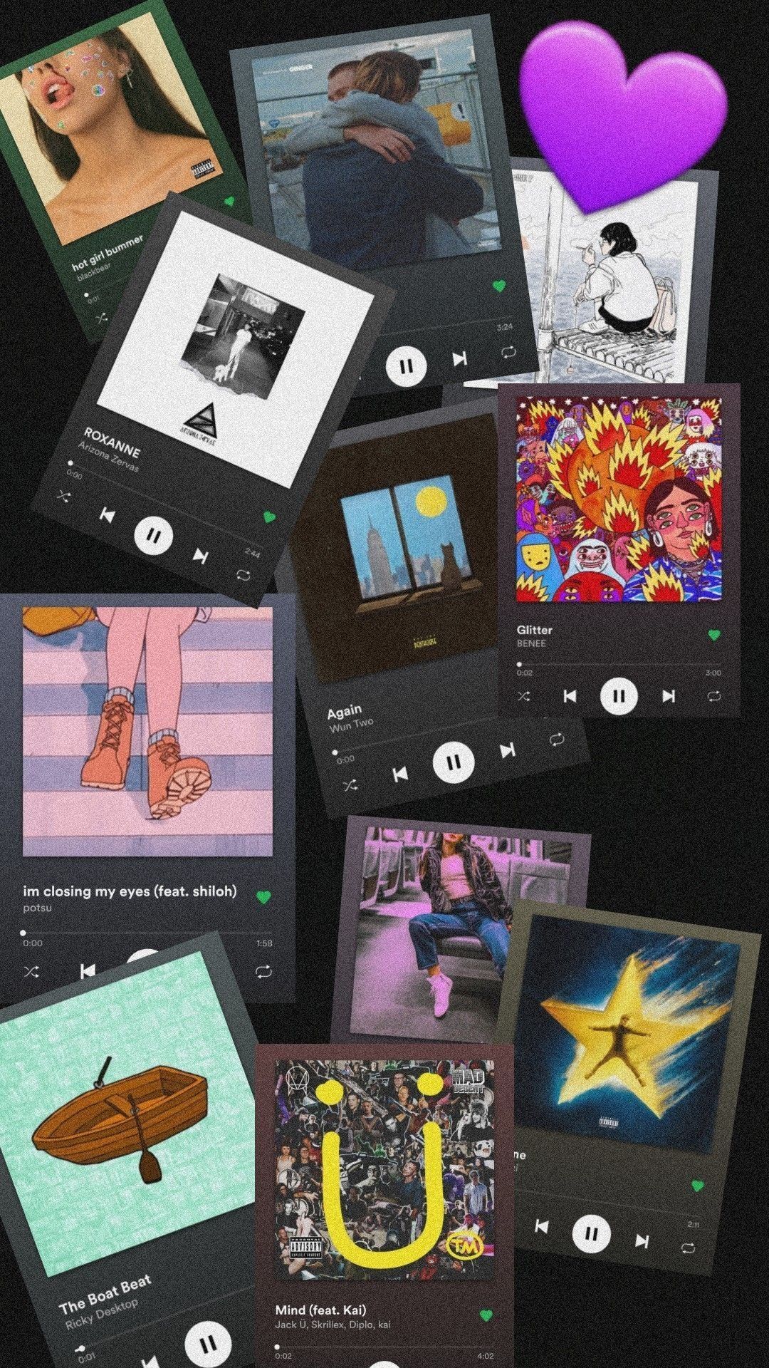 Albumcover, Collage, Lila Herz, Bunt, Spotify, Full HD, Hintergrundbild fürs Handy