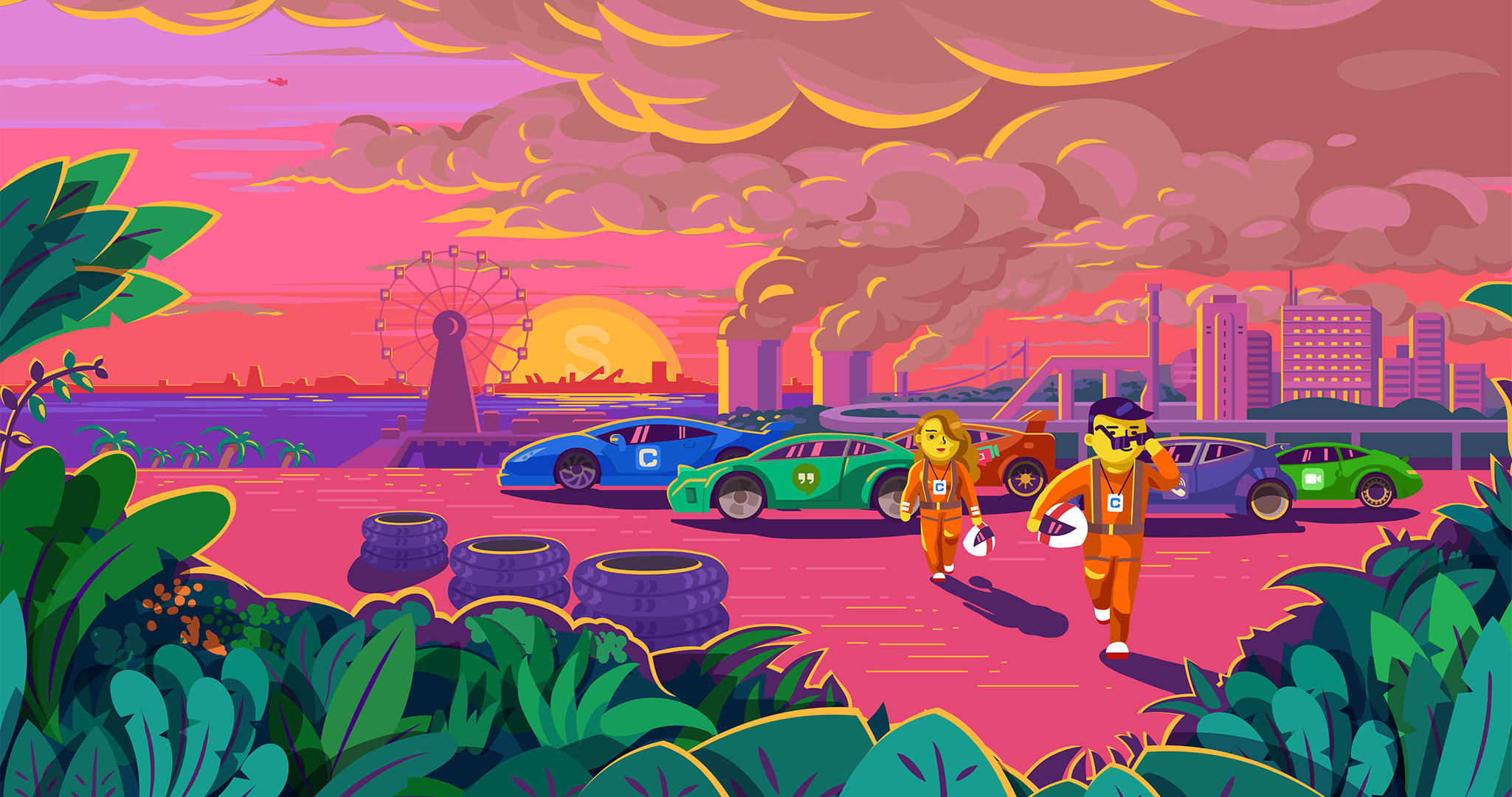 Illustration, Sonnenuntergang, Autos, Comicfiguren, Rosa Himmel, Pflanzen, Full HD, Desktop-Hintergrund