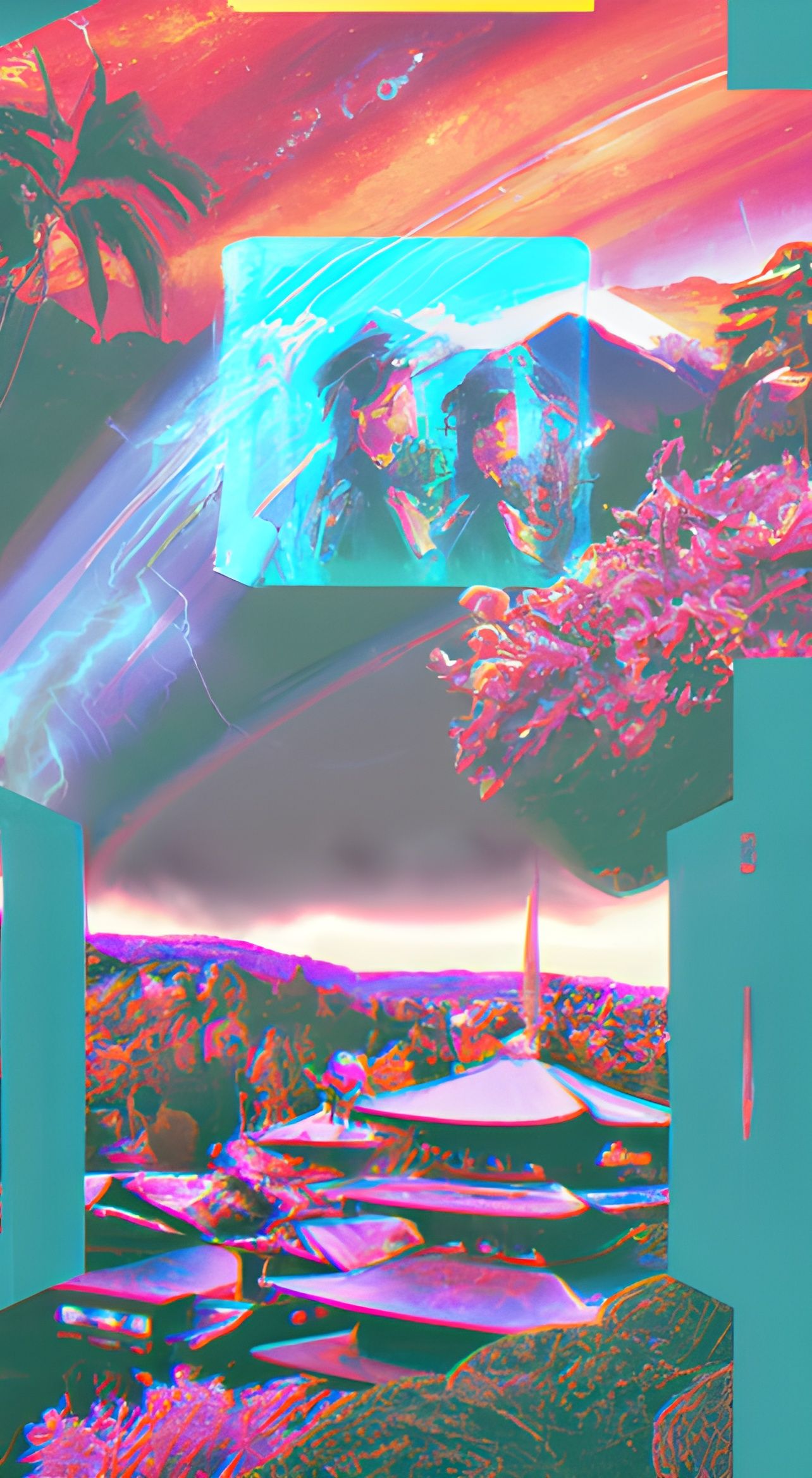 Fantasielandschaft, Pagode, Regenbogen, Bunt, Surreal, Digitale Kunst, Full HD, Handy-Hintergrundbild