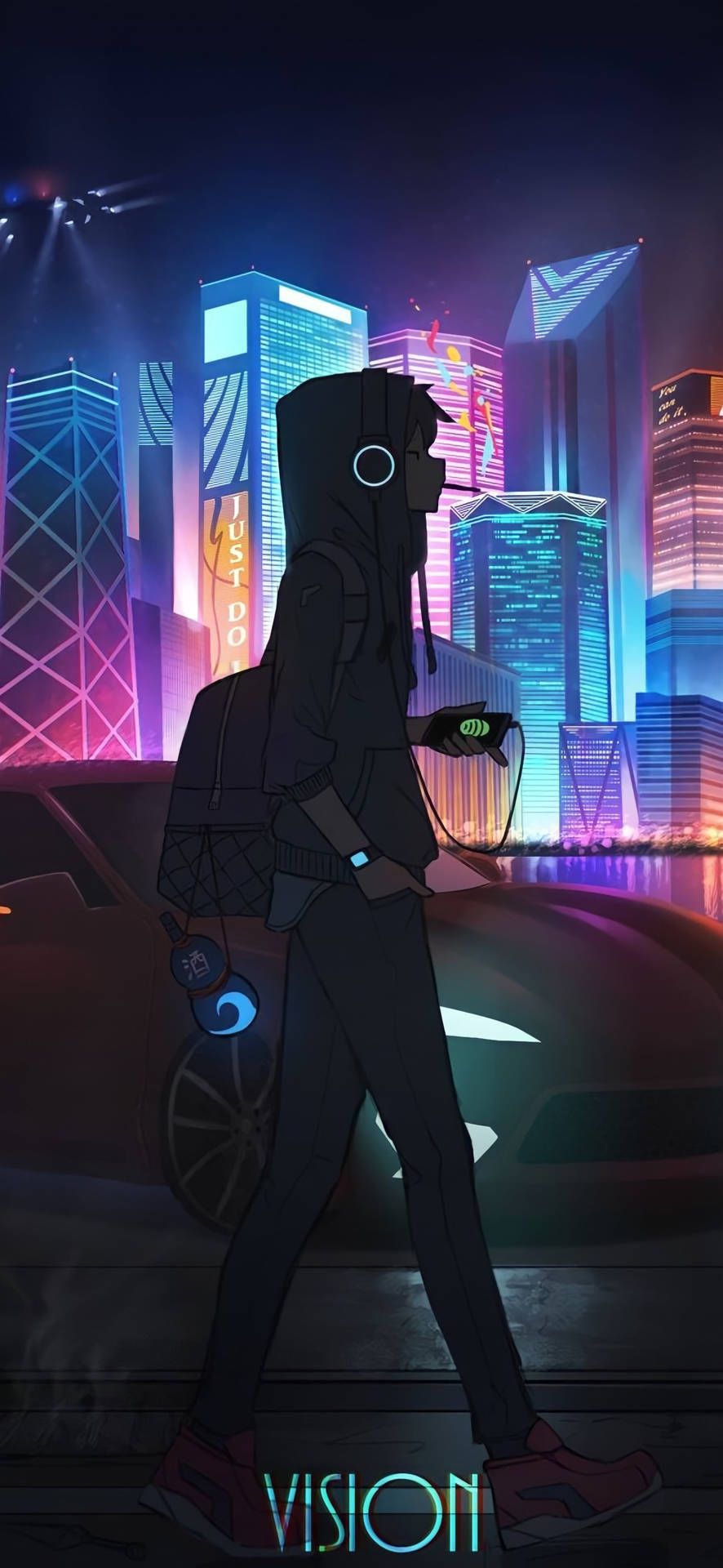 Cyberpunk, Neon, Stadt, Silhouette, Nacht, Vision, HD, Hintergrundbild fürs Handy