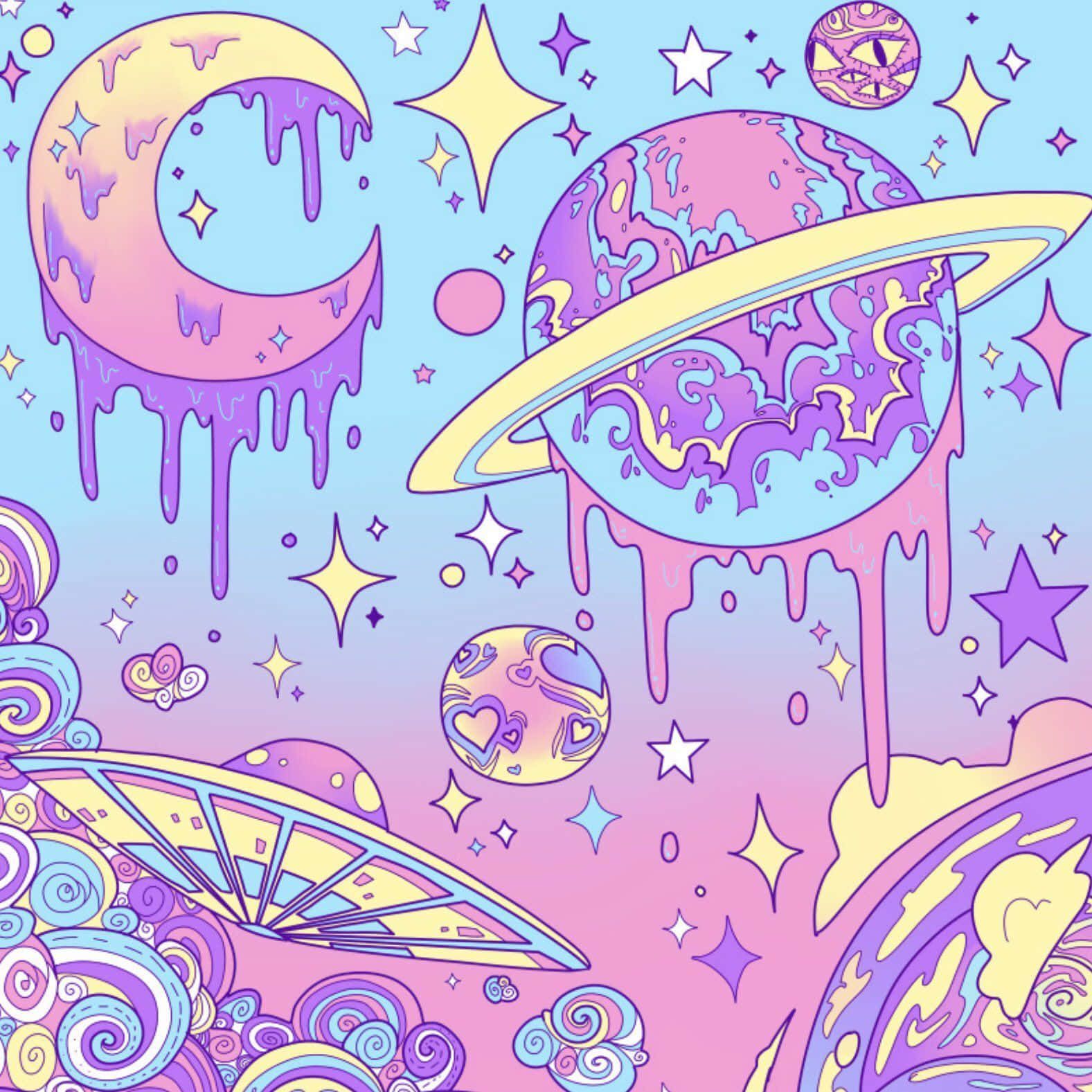 Planeten, Halbmond, Sterne, Kawaii, Weltraum, Illustration, Hintergrundbild fürs Tablet