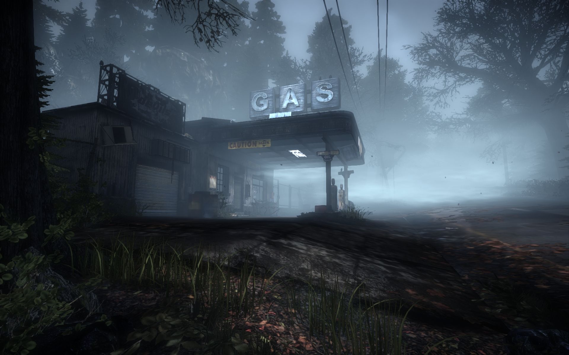 Silent Hill, Tankstelle, Nebel, Wald, Verlassen, 16:10, Full-HD-Hintergrundbild für den Desktop