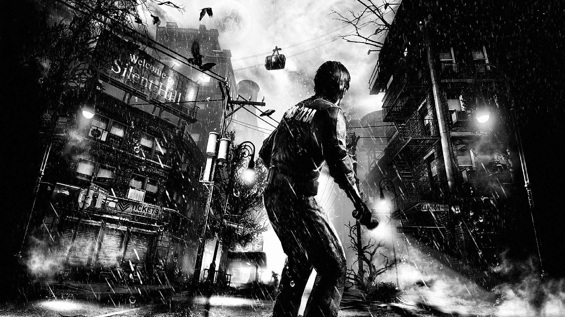 Silent Hill: Downpour, Murphy Pendleton, Schwarz-Weiß, Zeichnung, Krähen, Full HD, Windows-Hintergrundbild