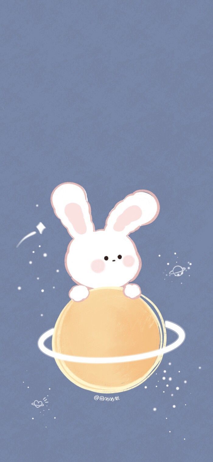 Cartoon-Hase, Planet, Graublau, Minimalistisch, Niedlich, Hintergrundbild fürs Handy