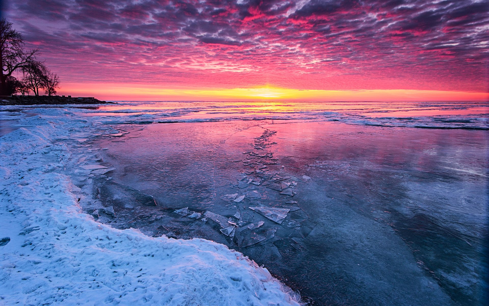 Sonnenuntergang, Eis, Gefrorener See, Pinker Himmel, Winter, Full HD, Breitbild-Hintergrundbild