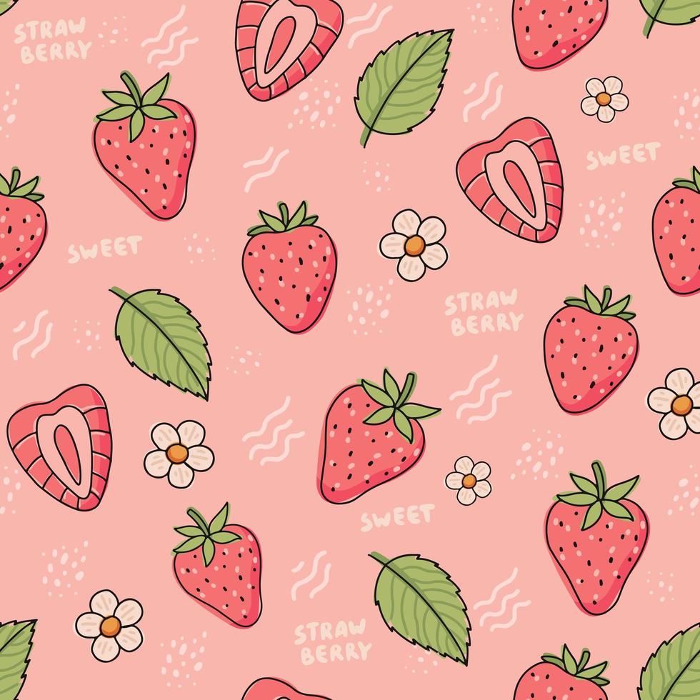 Erdbeermuster, Strawberry, Blätter, Gänseblümchen, Rosa Hintergrund, Wallpaper