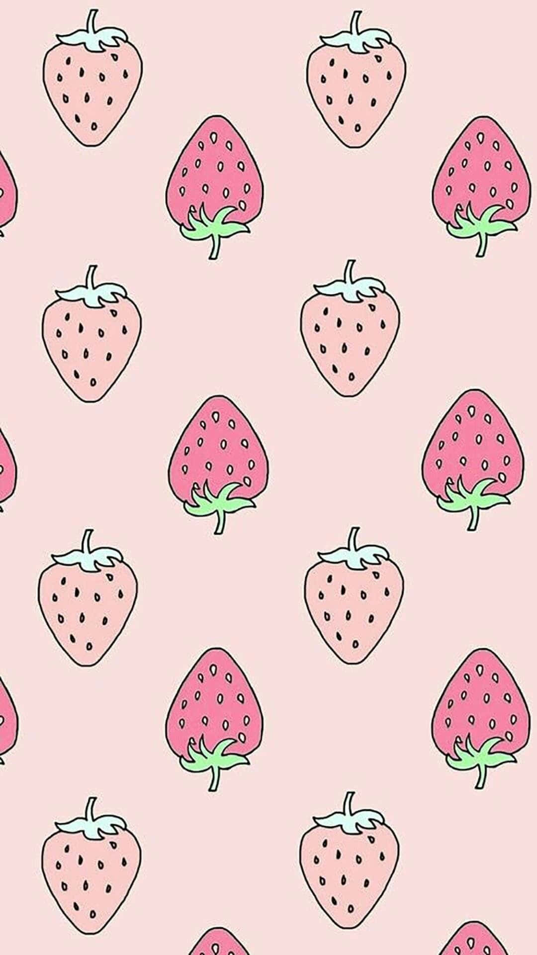 Erdbeermuster, Illustration, Zartrosa, Kawaii, Sommer, Full HD, Hintergrundbild fürs Handy
