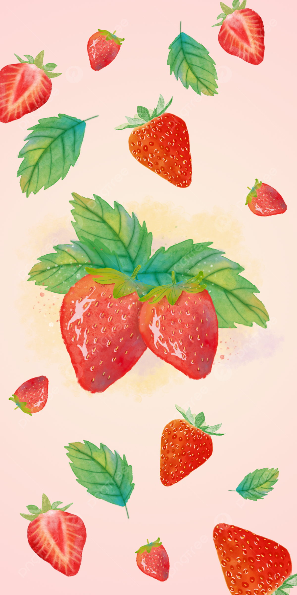 Erdbeeren, Aquarell, Blätter, Pastell, Illustration, Full HD, Handy-Hintergrund im Hochformat