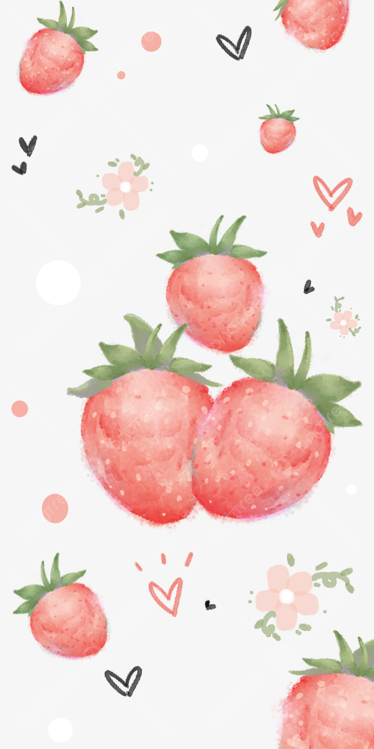 Erdbeeren, Aquarell, Herzen, Weiß, Niedlich, Hochformat, Hintergrundbild fürs Smartphone