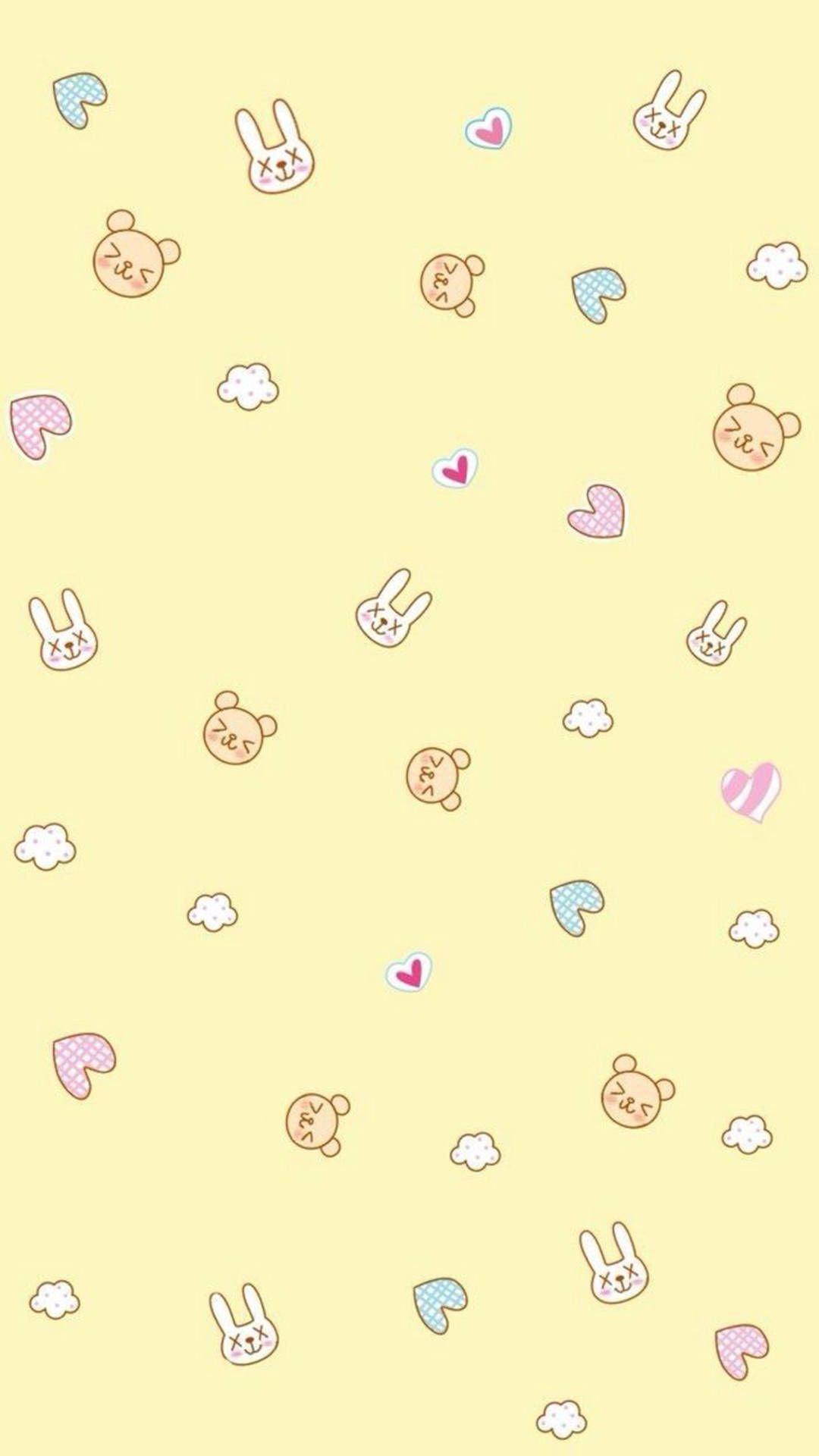 Kleine Tiere, Muster, Hellgelb, Kawaii, Pastell, Full HD, Handy-Hintergrund im Hochformat