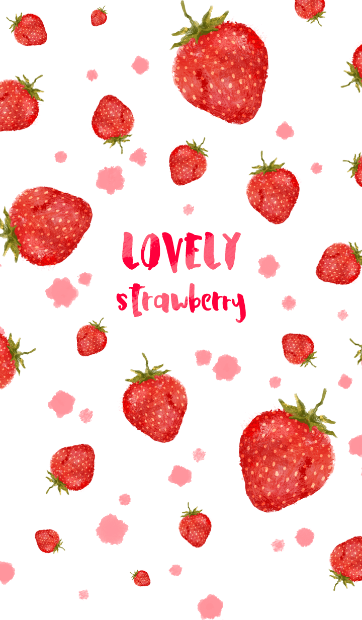Lovely Strawberry, Schriftzug, Erdbeermuster, Aquarell, Weiß, HD, Handy-Hintergrund