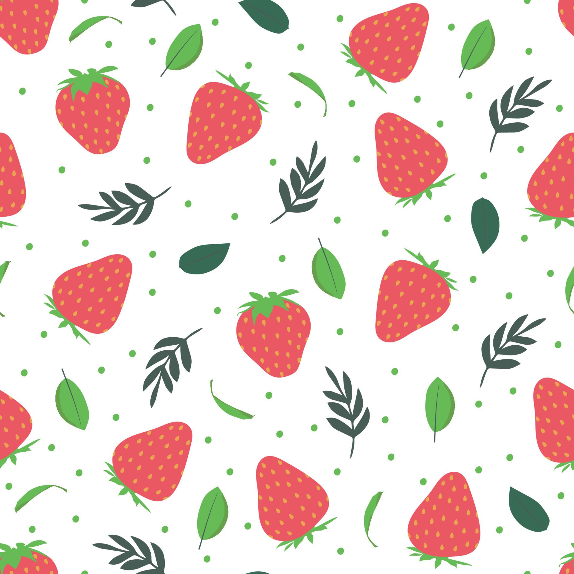 Erdbeermuster, Blätter, Weißer Hintergrund, Illustration, Rot-Grün, Full HD Wallpaper