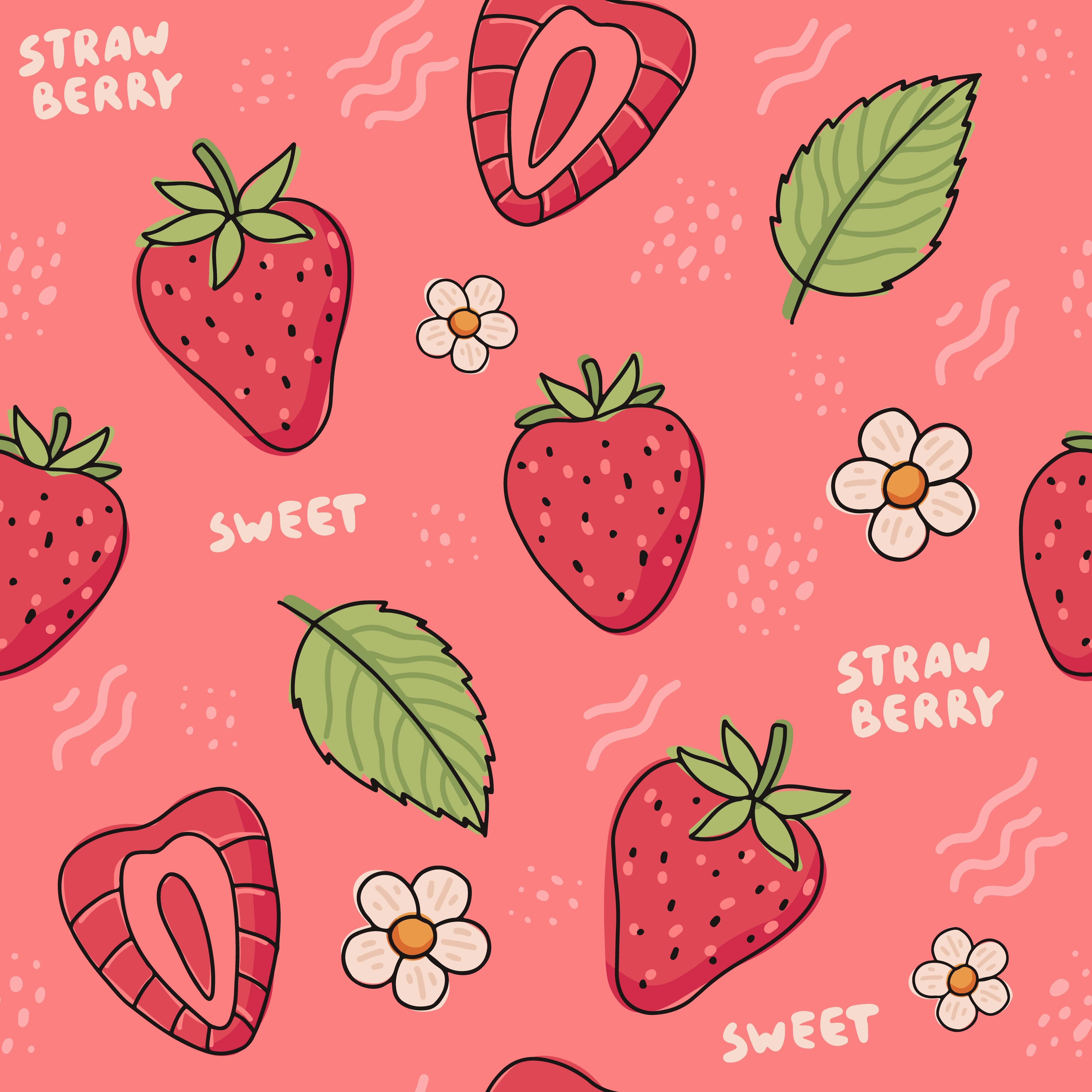 Erdbeermuster, Sweet Strawberry, Blätter, Blüten, Rosa, 4K, Hintergrundbild fürs Tablet