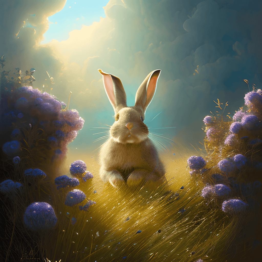Hase, Märchenwald, Lichtung, Blumen, Fantasy, Sonnenlicht, Hintergrundbild fürs Tablet