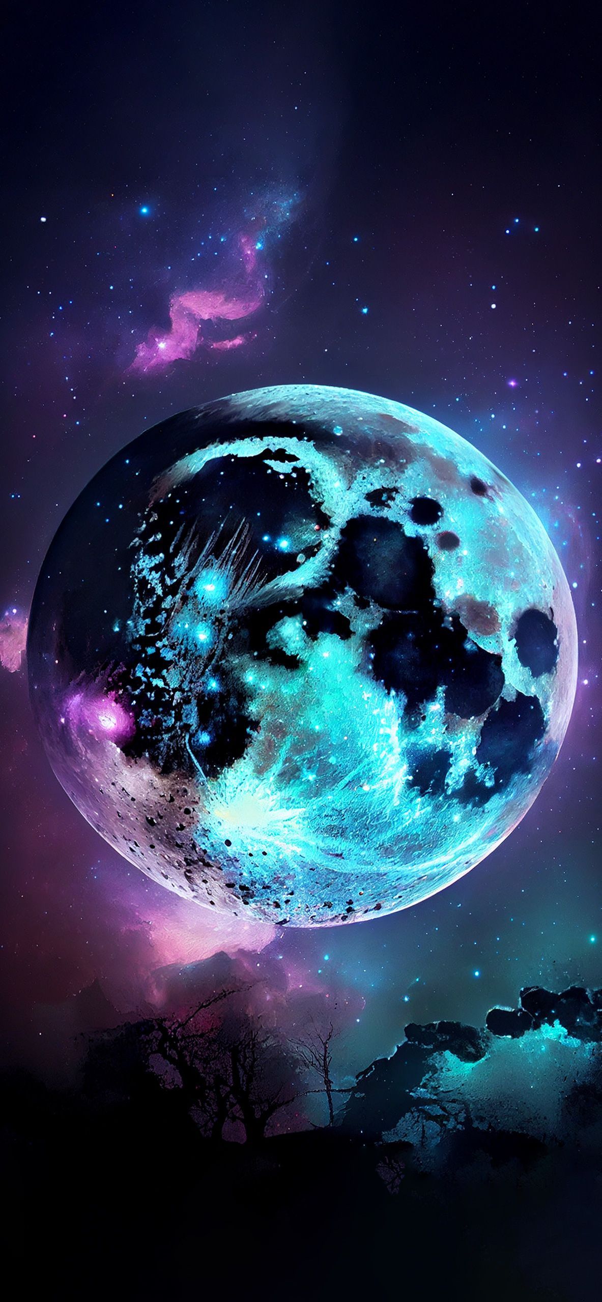 Vollmond, Krater, Türkis, Nacht, Wolken, Full HD, Sperrbildschirm fürs iPhone