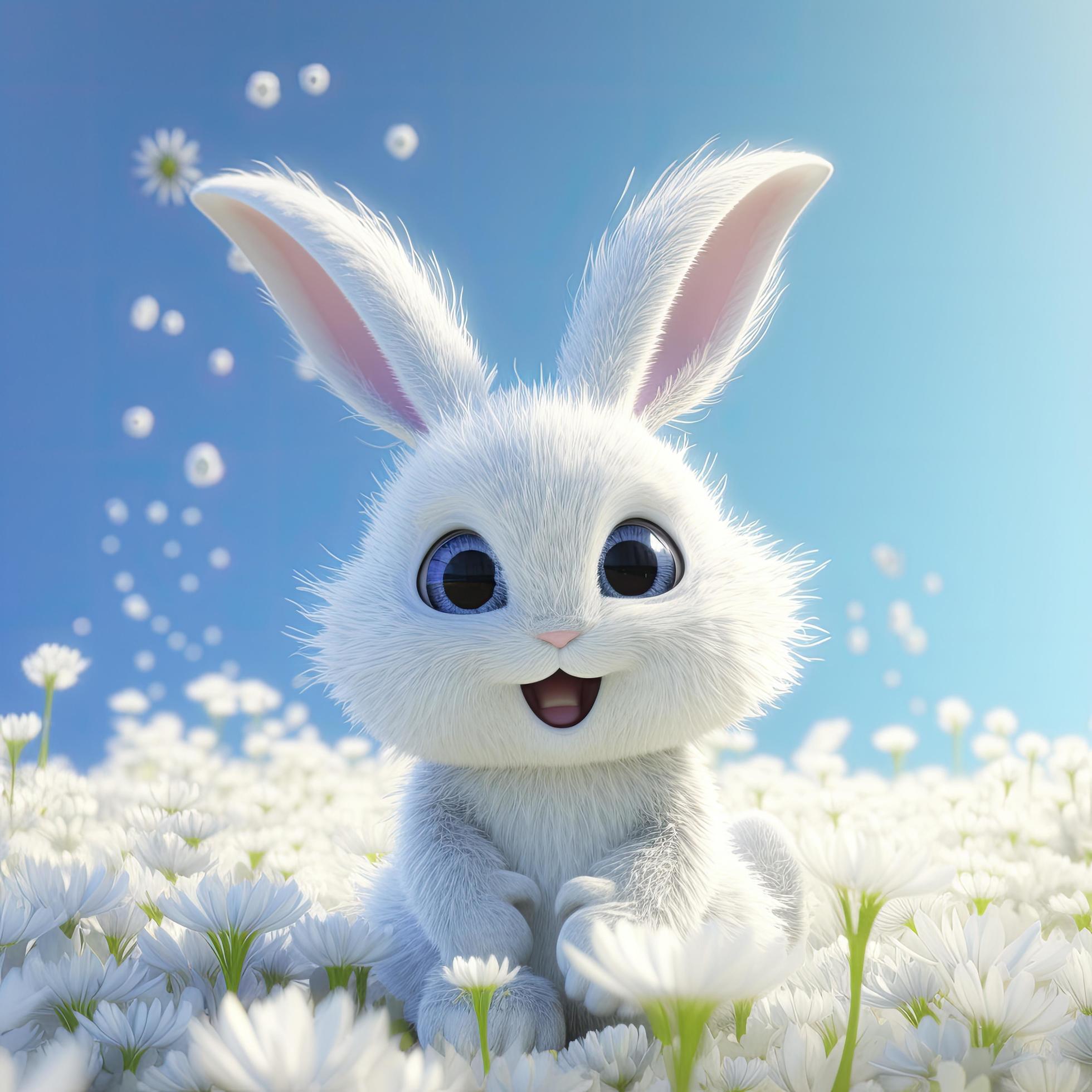 Cartoon-Hase, Weiße Blumen, Blauer Himmel, 3D-Kunst, Niedlich, Full HD, Tablet-Hintergrund