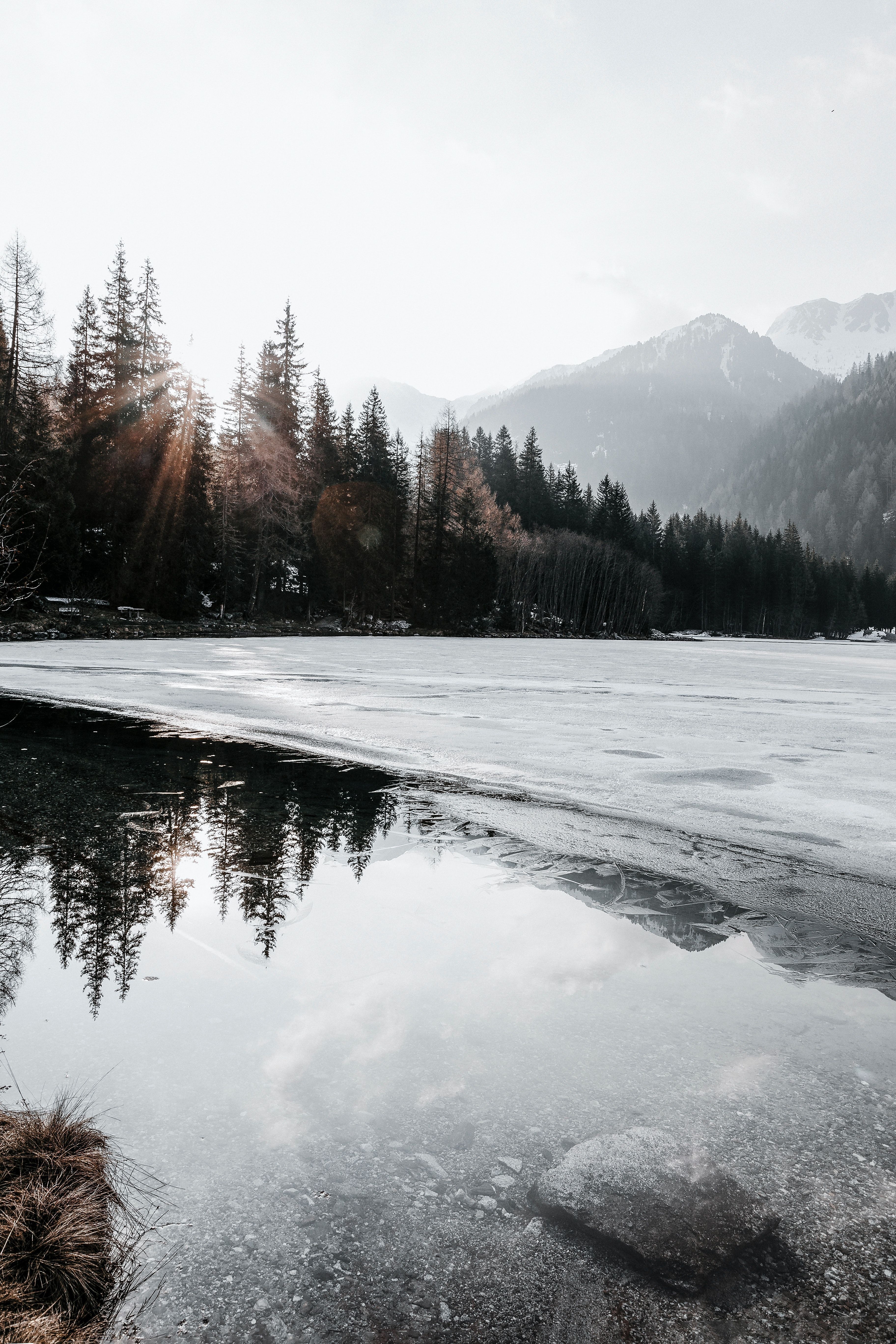Bergsee, Eis, Nadelwald, Berge, Sonnenstrahlen, Spiegelung, Android-Hintergrundbild