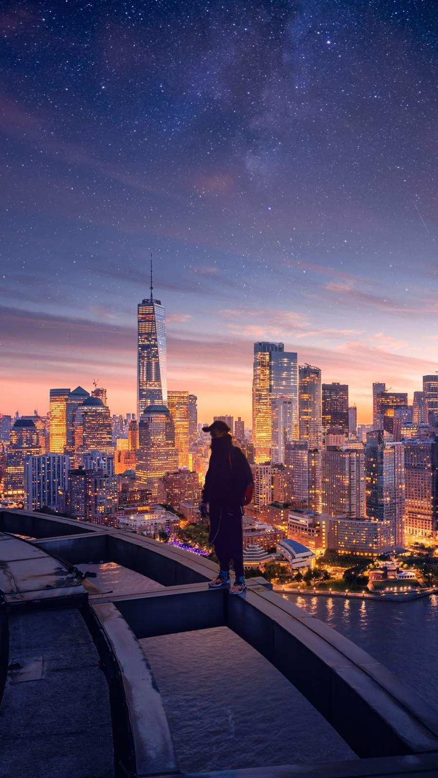 One World Trade Center, New York City, Silhouette, Dach, Sternenhimmel, Nacht, Hochformat-Hintergrundbild