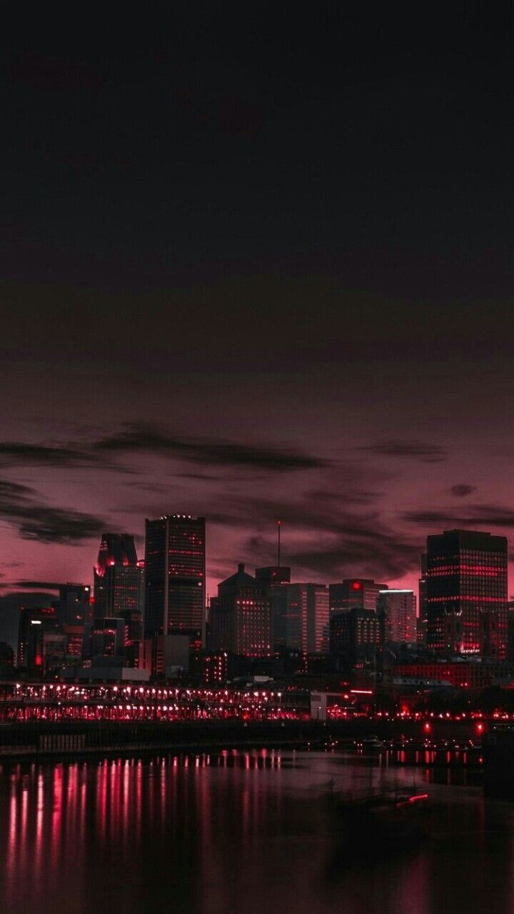 Skyline, Nacht, Spiegelung, Fluss, Rot, Dunkel, HD, Handy-Hintergrund im Hochformat