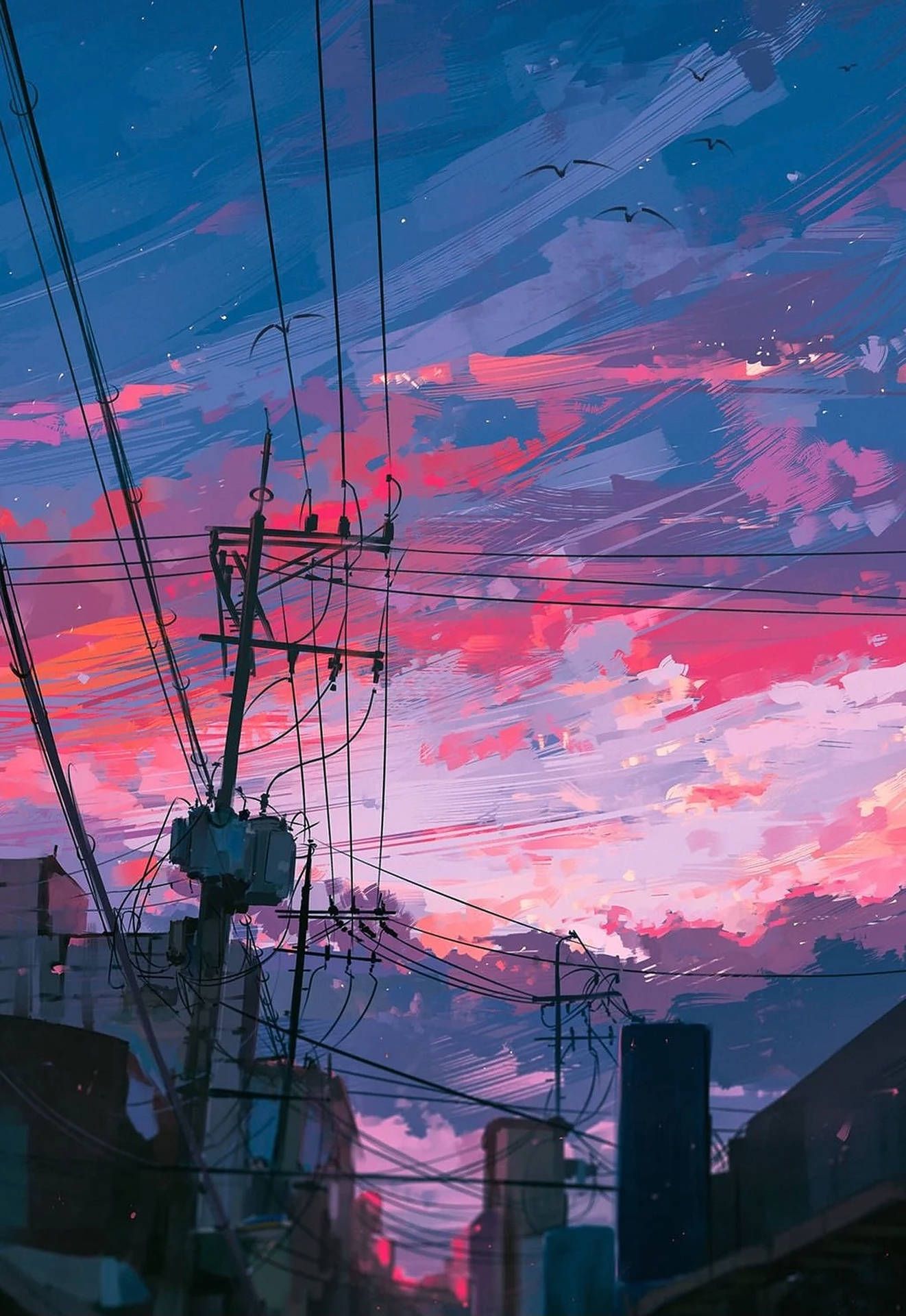Anime-Stil, Stromleitungen, Rosa Wolken, Abendhimmel, Illustration, Hintergrundbild fürs iPad