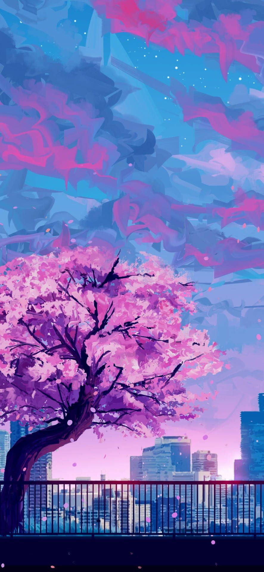 Kirschbaum, Lila, Anime-Stil, Wolken, Illustration, HD, Hintergrundbild fürs Handy