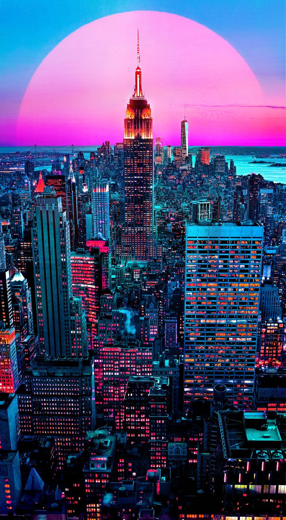 Empire State Building, New York City, Synthwave, Sonne, Pink, Nacht, HD, iPhone-Hintergrundbild