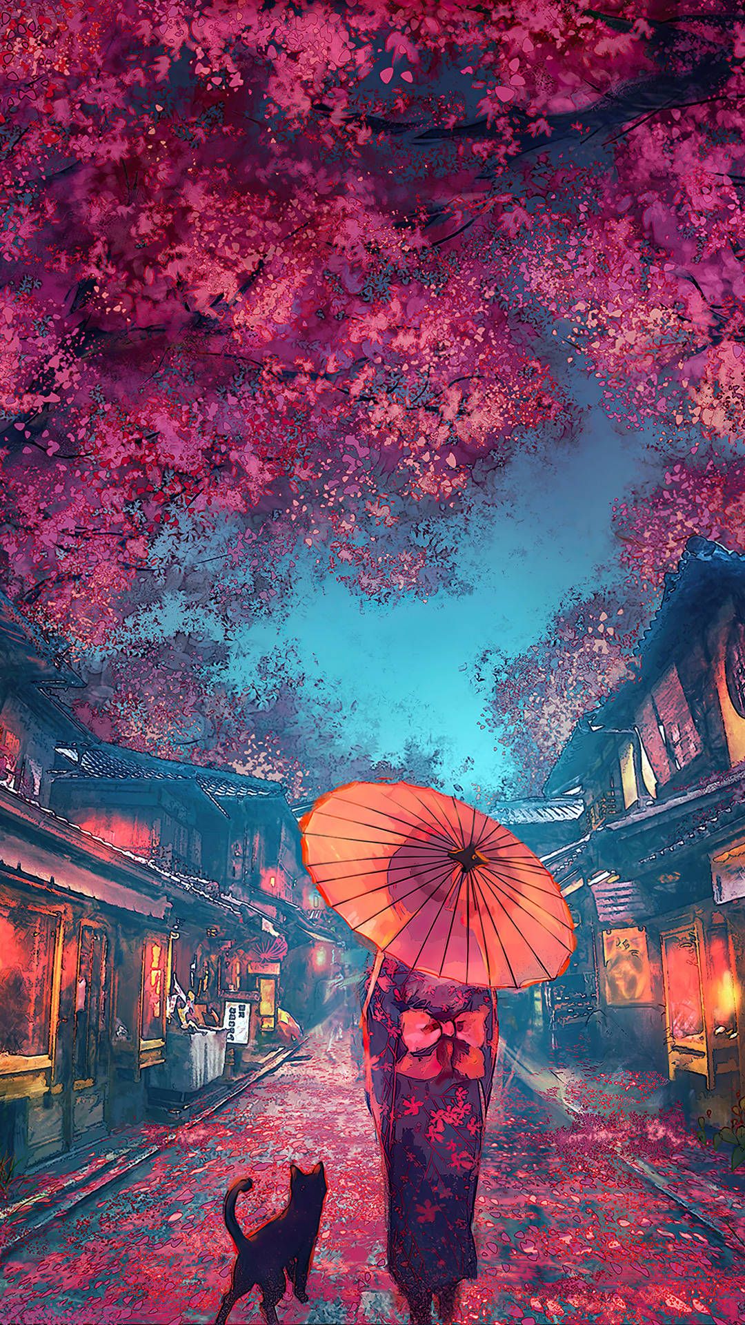 Regenschirm, Kimono, Kirschblüten, Japan, Illustration, Gasse, Full HD, Handy-Hintergrundbild