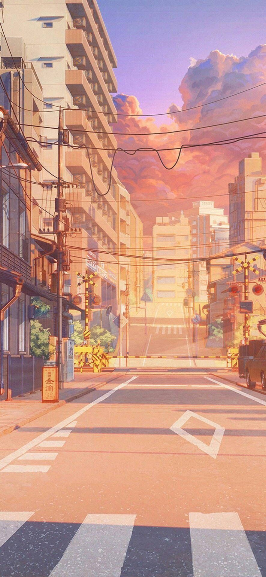Anime-Stil, Stadtstraße, Zebrastreifen, Sonnenuntergang, Illustration, Sperrbildschirm fürs iPhone